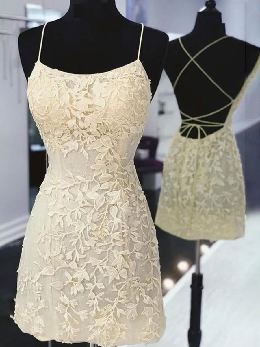 Lace Bodycon Mini Dress | Spaghetti Strap Crisscross Back Homecoming Gown