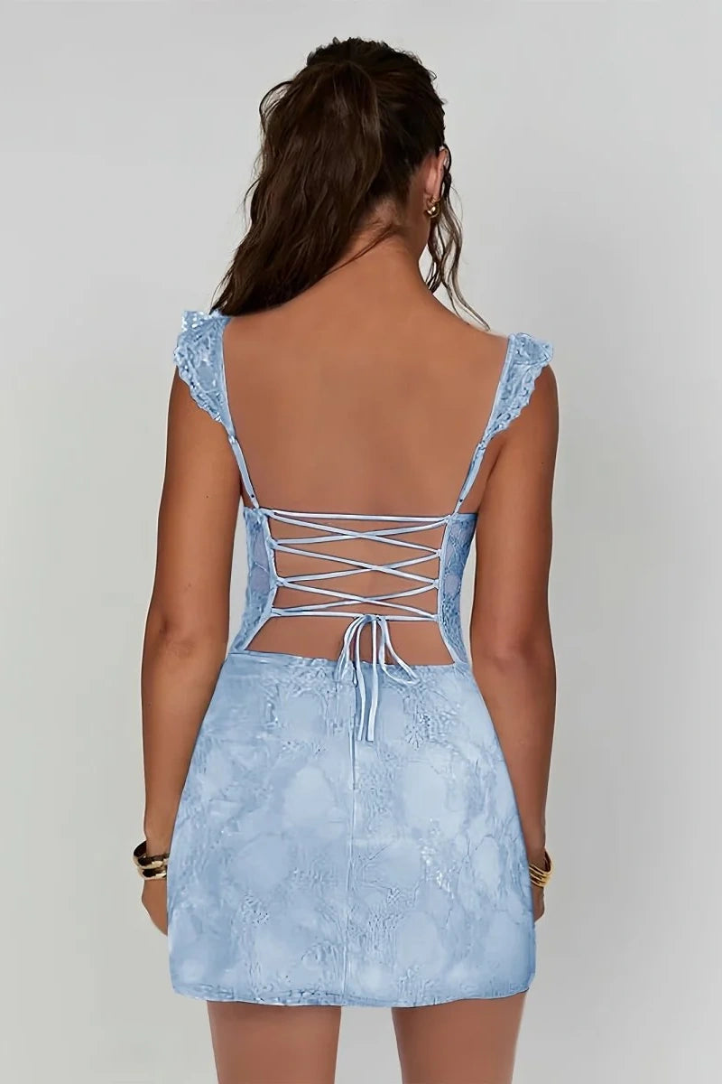 Lace Bodycon Homecoming Dress | Ruffled Lace Strap Mini Cocktail Gown with Side Slit
