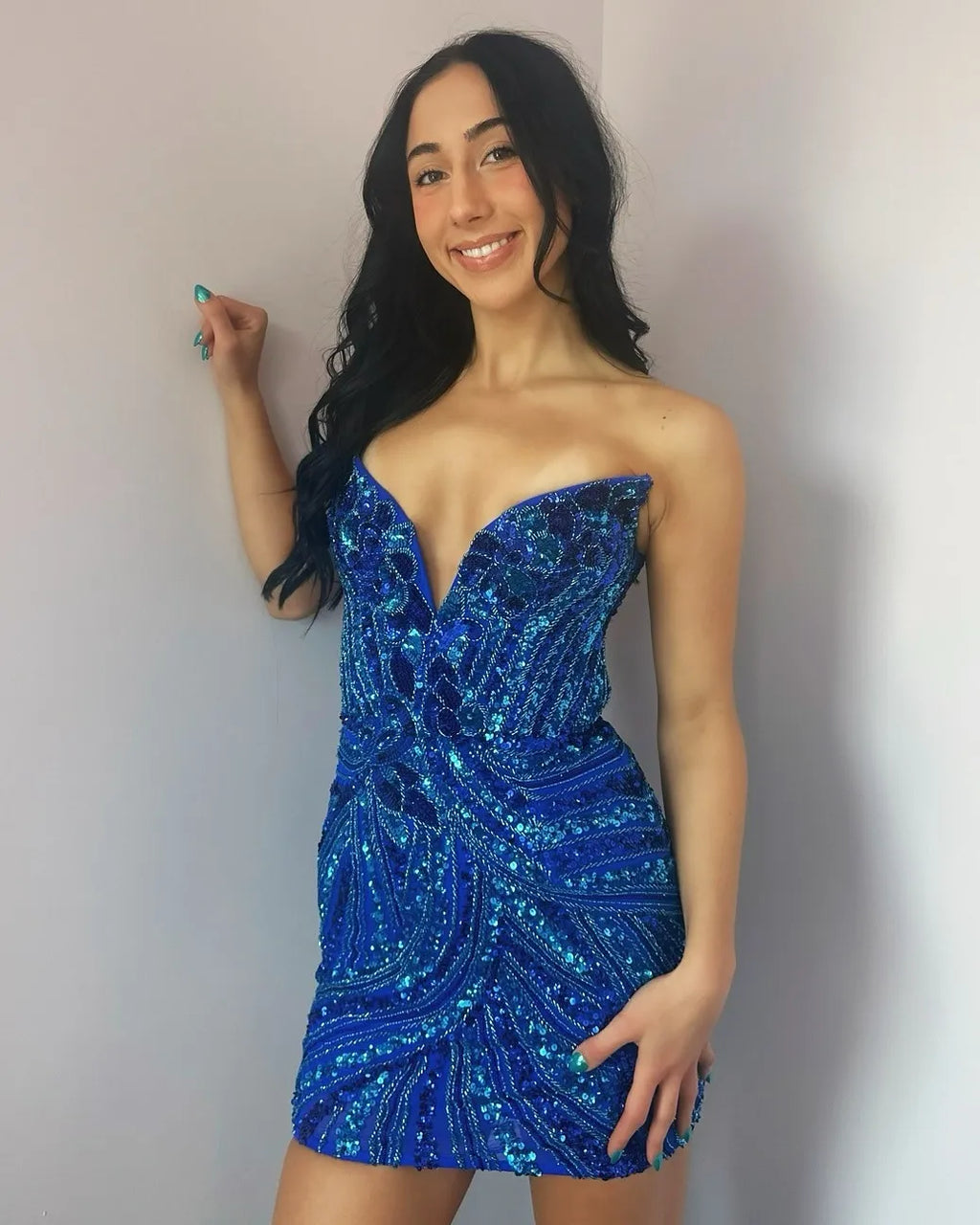 Strapless Sequin Homecoming Dress | V-Neck Bodycon Party Gown