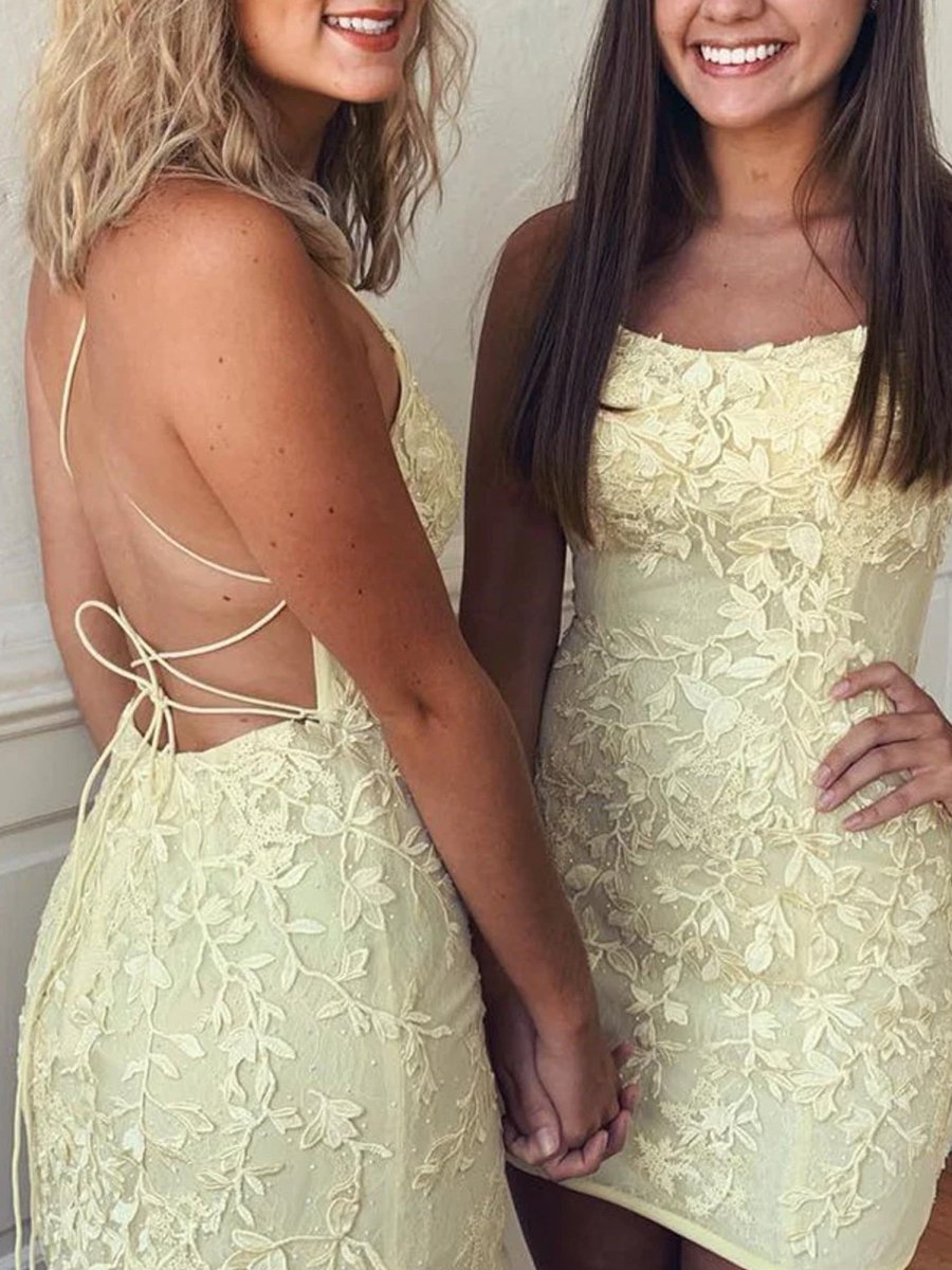 Lace Bodycon Mini Dress | Spaghetti Strap Crisscross Back Homecoming Gown