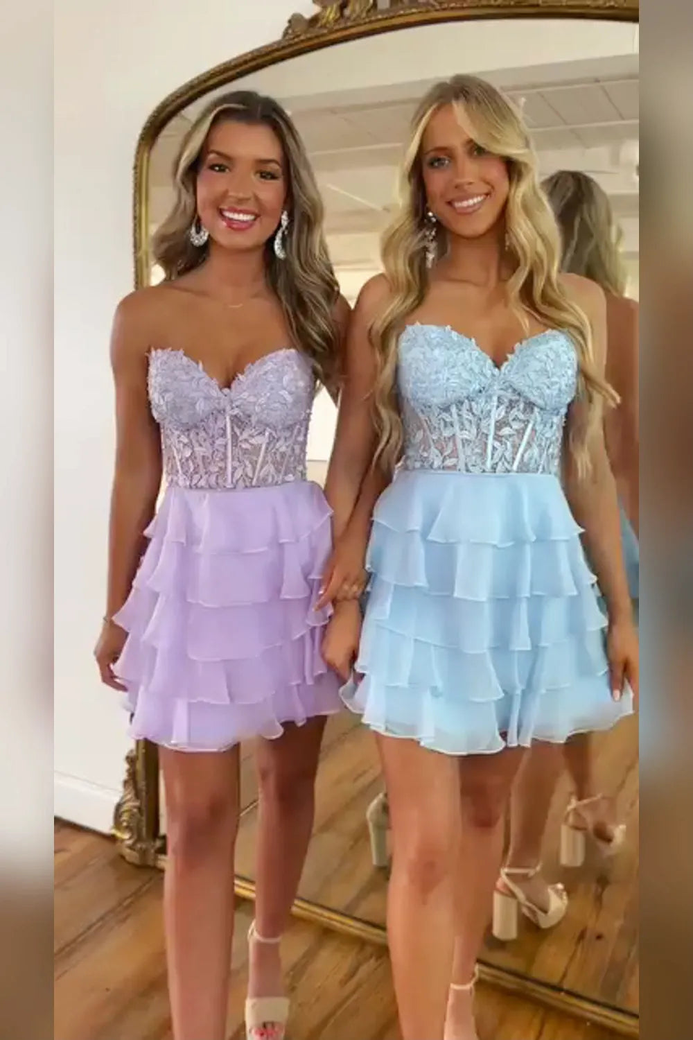 Strapless Lace Corset Homecoming Dress | Tiered Chiffon Ruffle Short Prom Gown