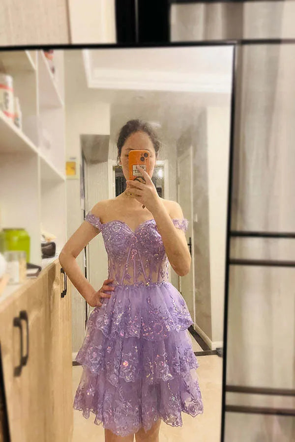 Off Shoulder Floral Lace Corset Homecoming Dress | Tiered Ruffle Mini Tulle Cocktail Dress