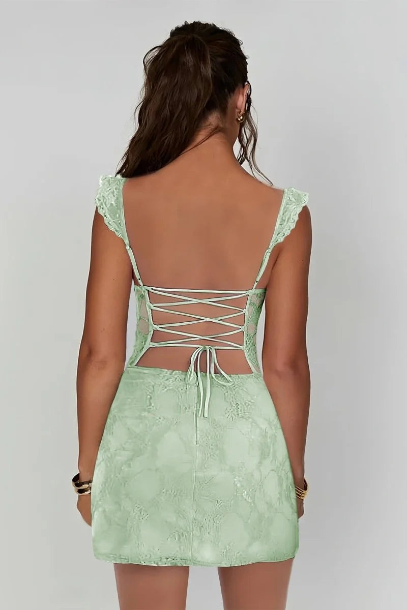Lace Bodycon Homecoming Dress | Ruffled Lace Strap Mini Cocktail Gown with Side Slit