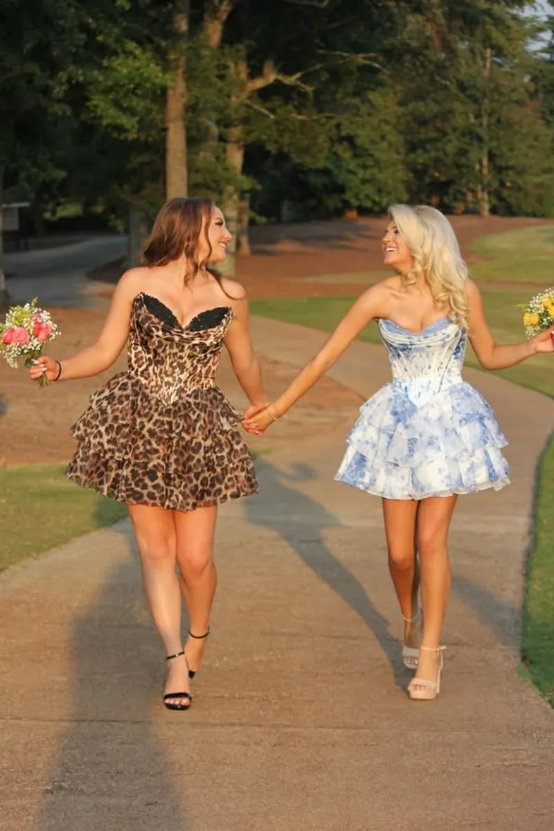 Leopard Print Strapless Corset Homecoming Dress | Lace Trim Tiered Chiffon Short Prom Gown