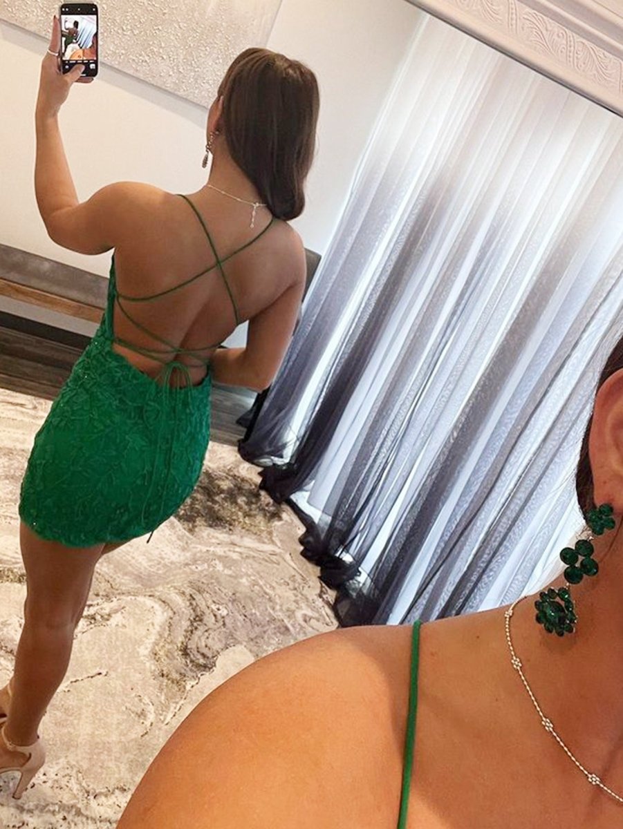 Lace Bodycon Mini Dress | Spaghetti Strap Crisscross Back Homecoming Gown