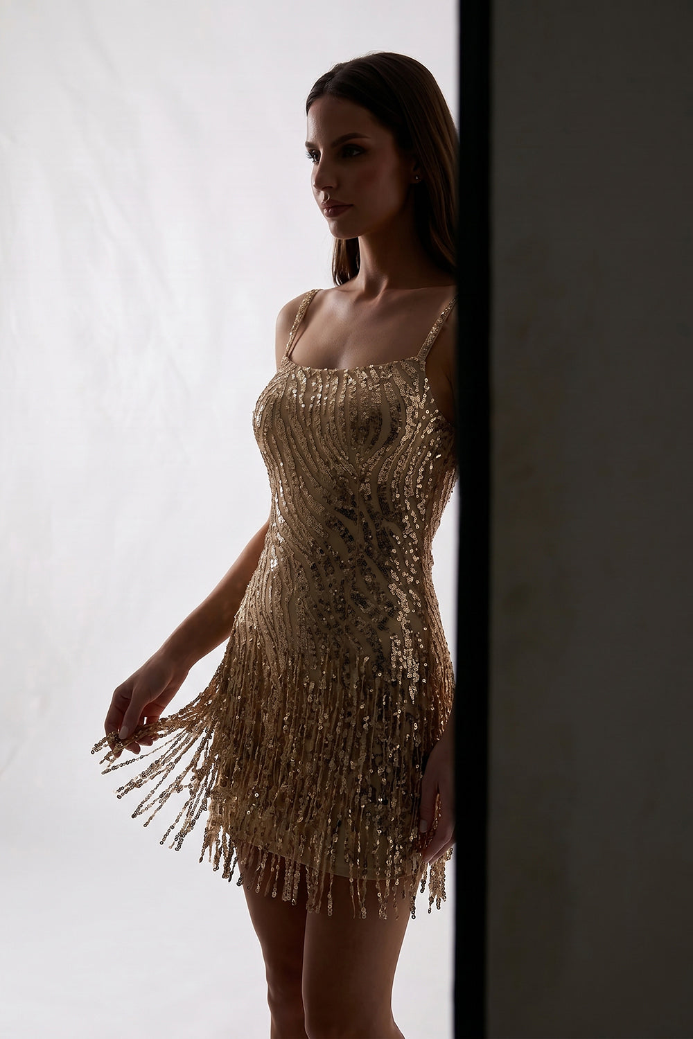 Sequin Fringe Homecoming Dress | Spaghetti Strap Lace-Up Back Short Prom Gown