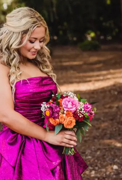 Strapless Metallic Homecoming Dress | Ruched Bodice Bow Waist Puff Mini Party Gown