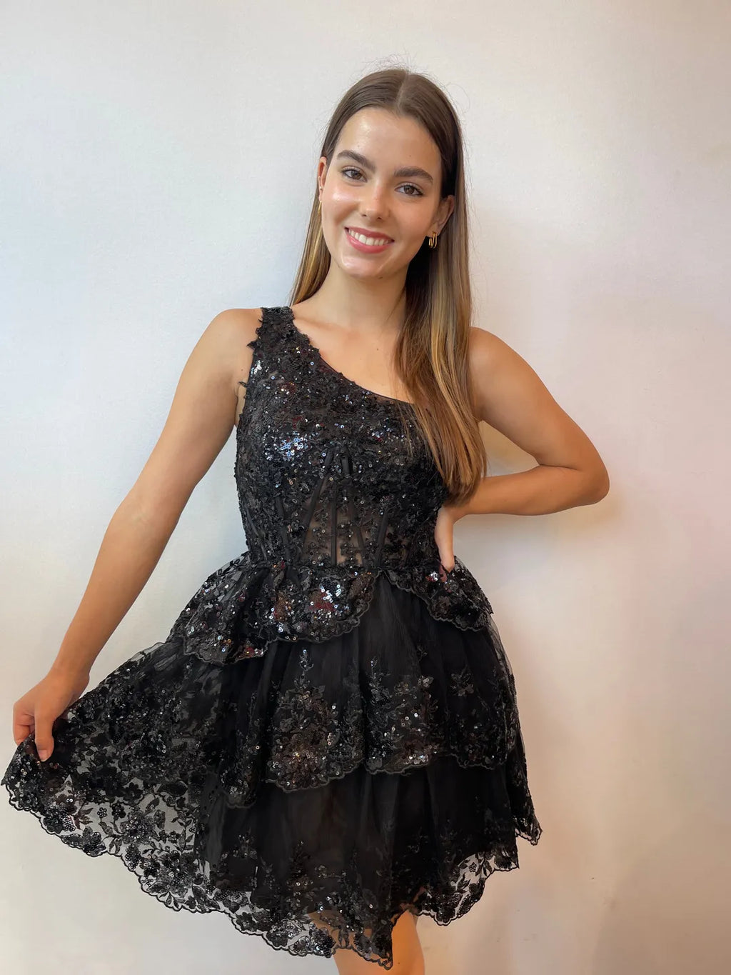 One Shoulder Sequin Lace Corset Homecoming Dress | Tiered Ruffle Mini A-Line Cocktail Dress