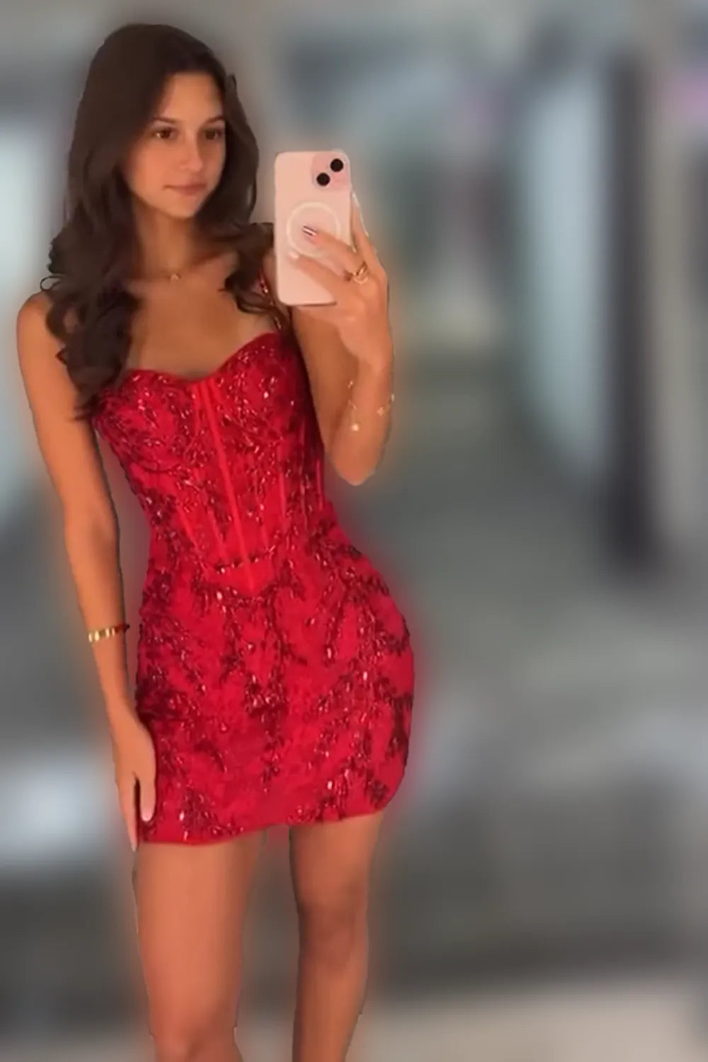 Sweetheart Corset Homecoming Dress | Red Sequin Mini with Crystal Straps Party Gown
