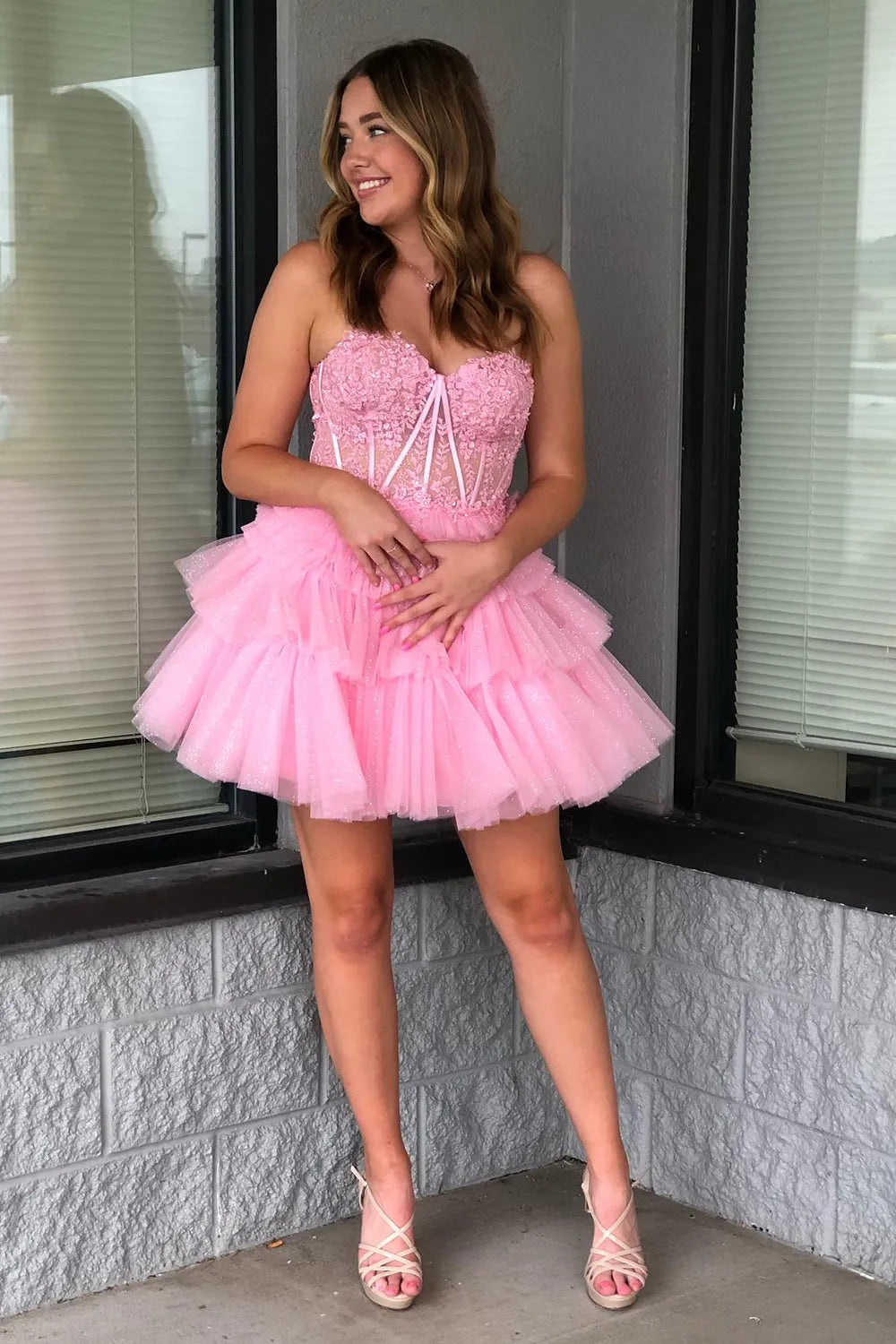 Strapless Lace Corset Homecoming Dress | Glitter Tulle Tiered Ruffle Short Prom Gown