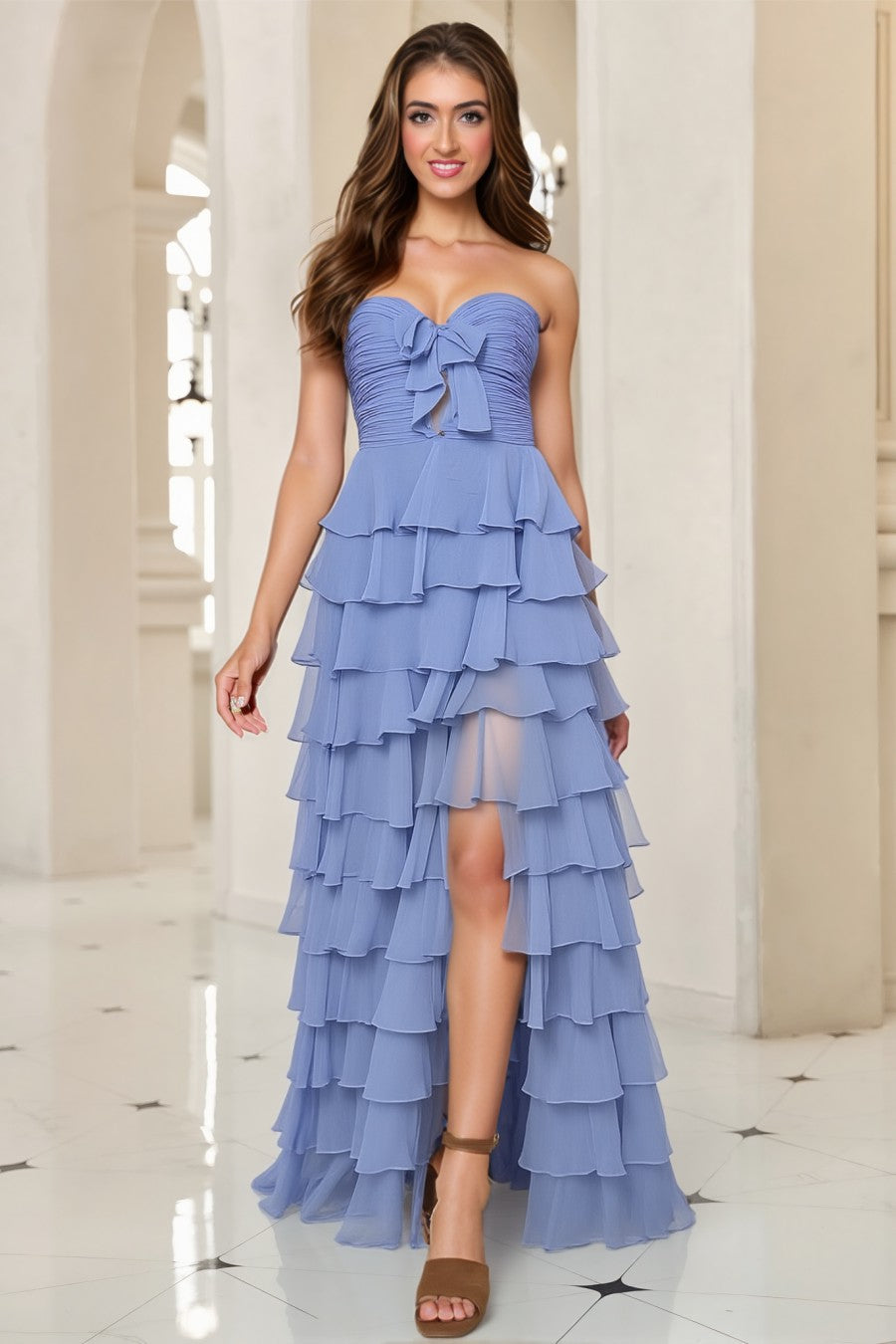 A line Tiered Long Prom Dress With Bow