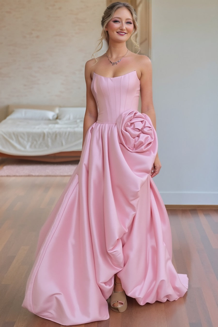 A line 3d Floral Strapless Long Prom Dress