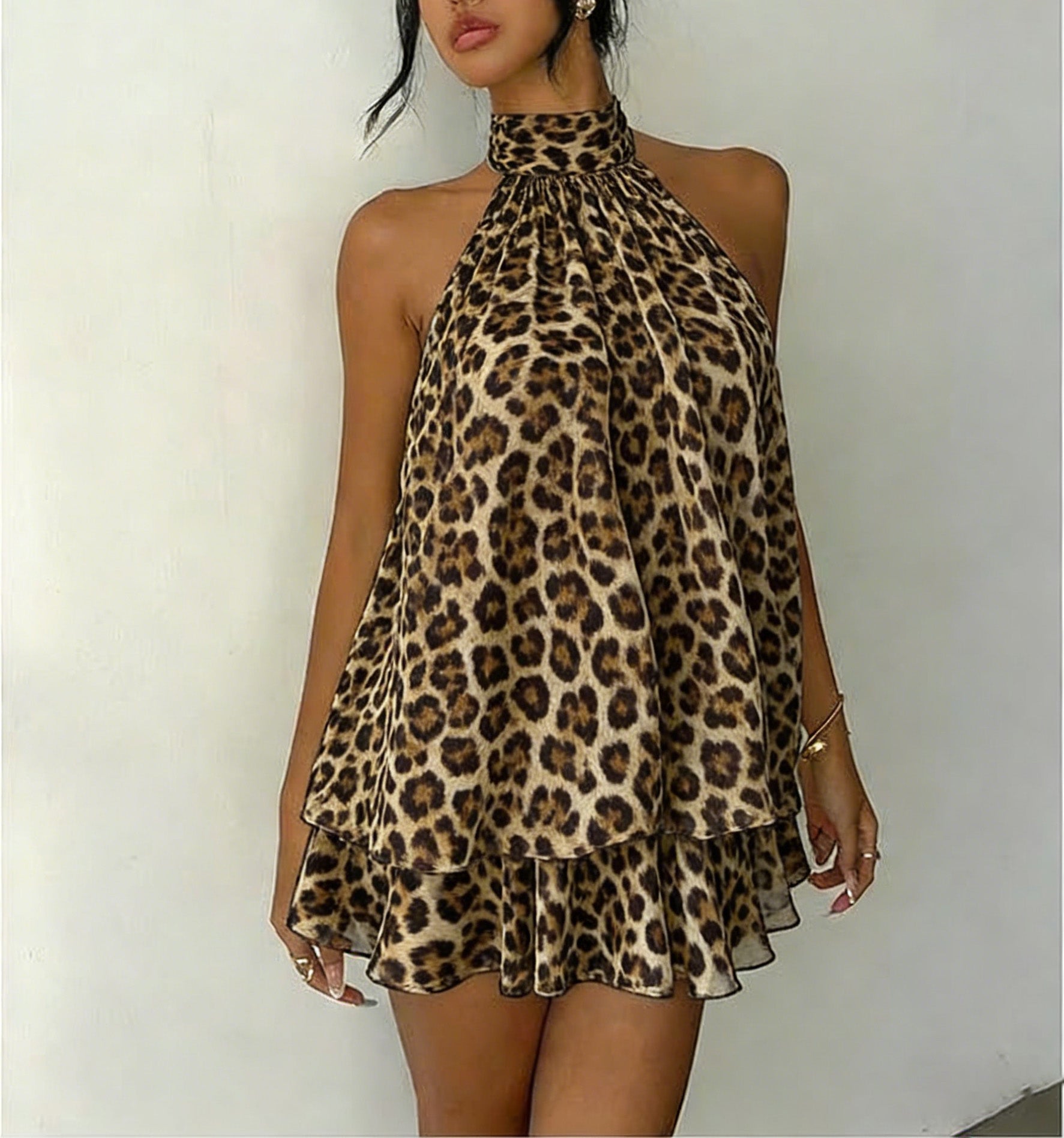Leopard Print Halter Neck Homecoming Dress | Tiered Ruffle Sleeveless Open Back Mini Party Gown