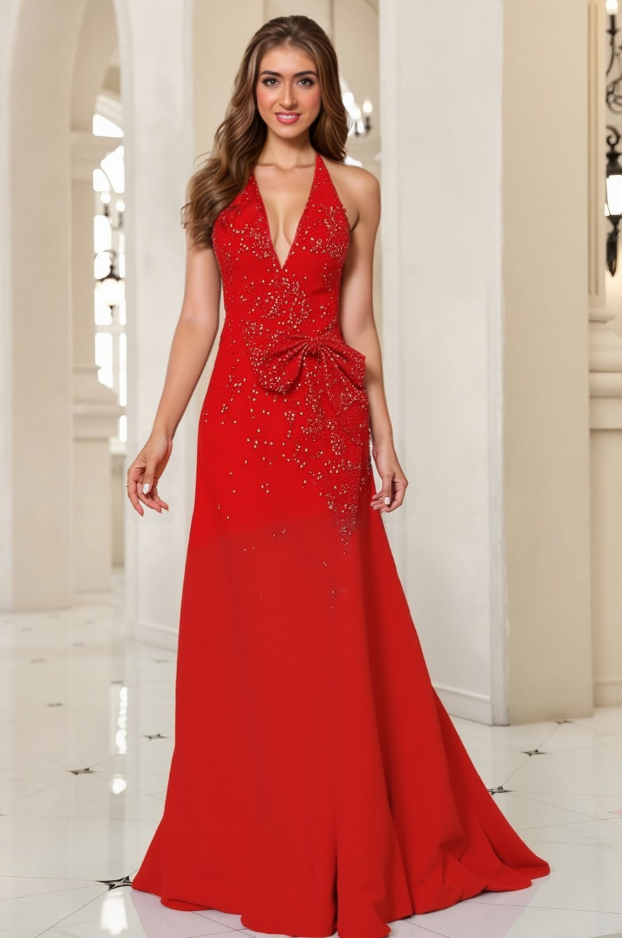 A line V Neck Long Prom Dress With Beads