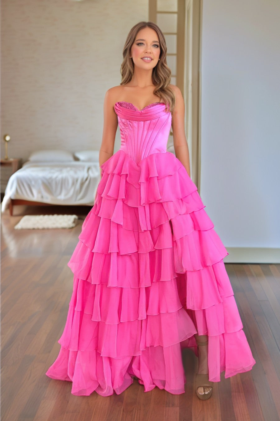A line Tiered Bodice Long Prom Dress With Slit