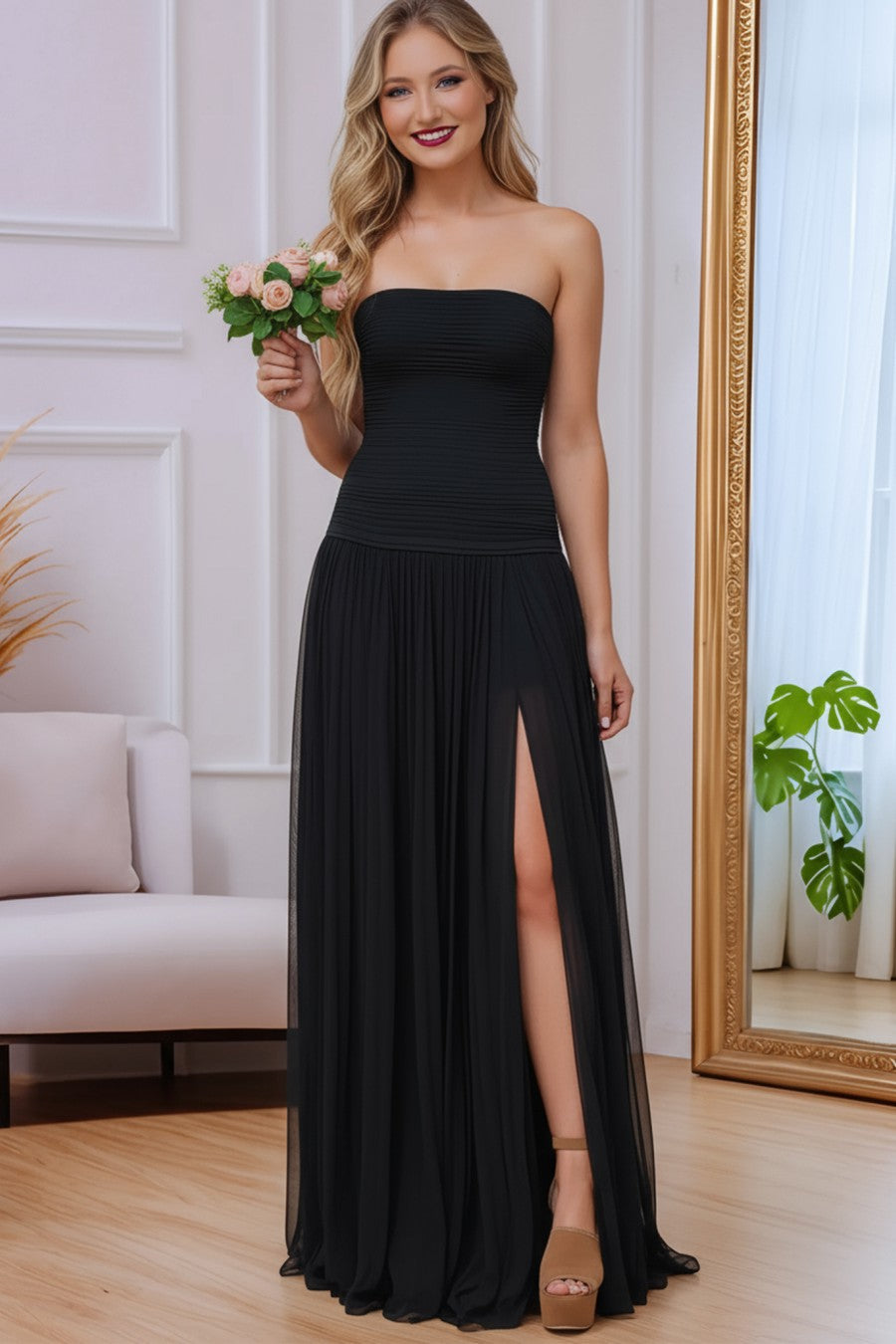 A line Long Prom Dress With Slit