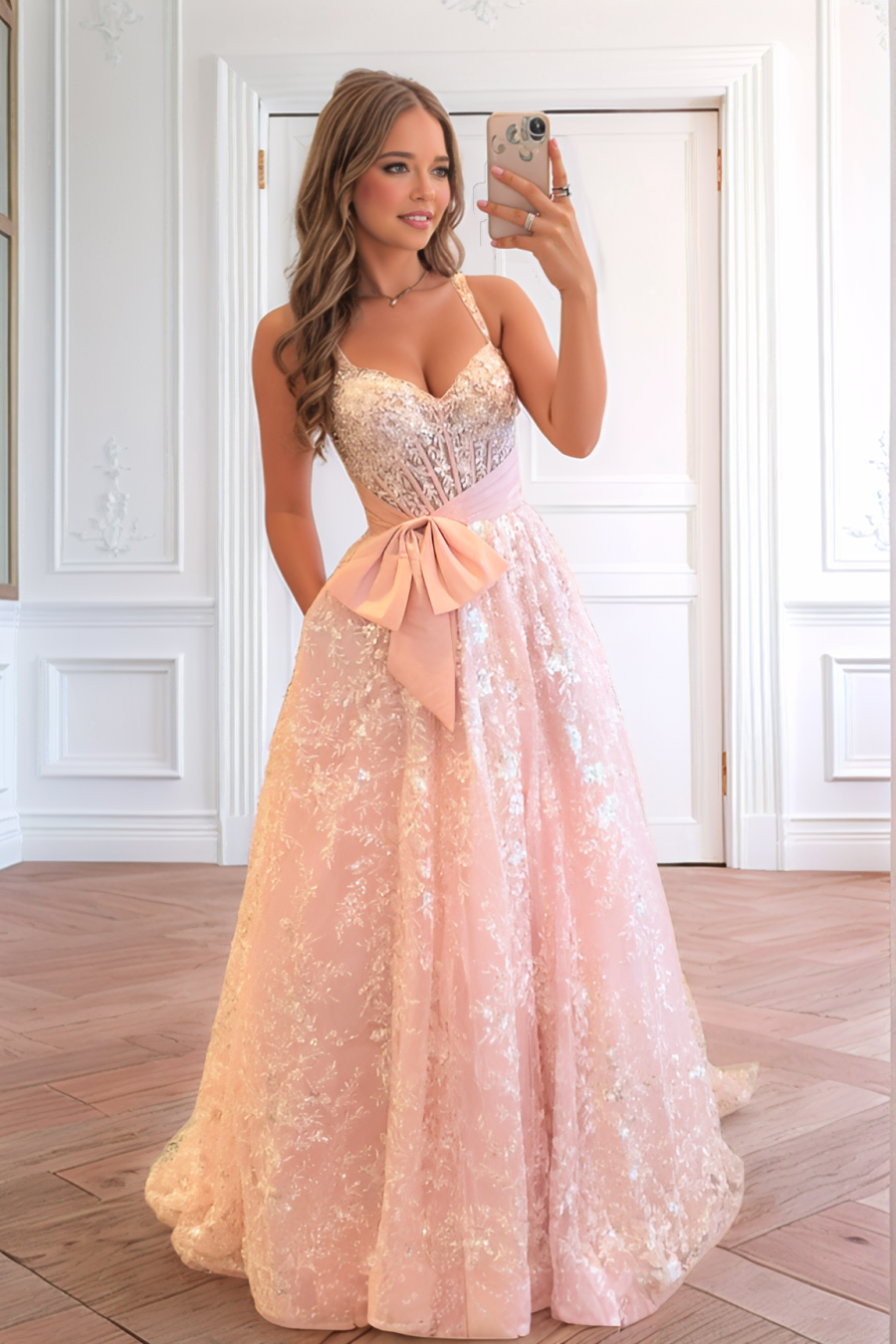 A line Sweetheart Embroidery Long Prom Dress With Bow