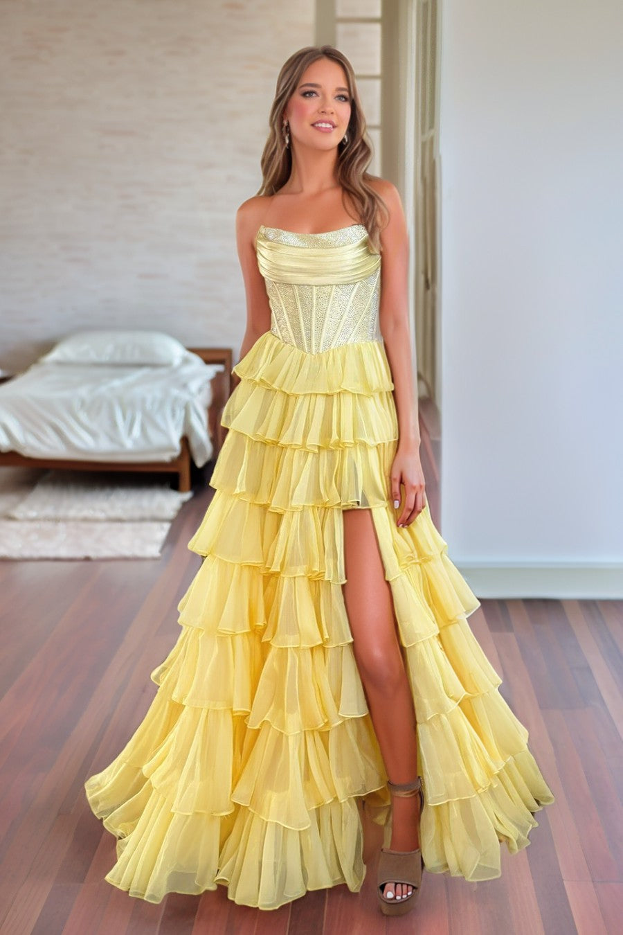 A line Tiered Long Prom Dress With Beading