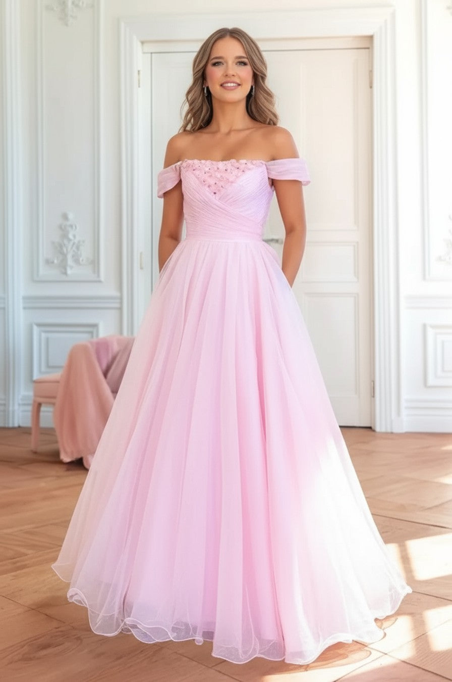 A line Off Shoulder Long Prom Dress