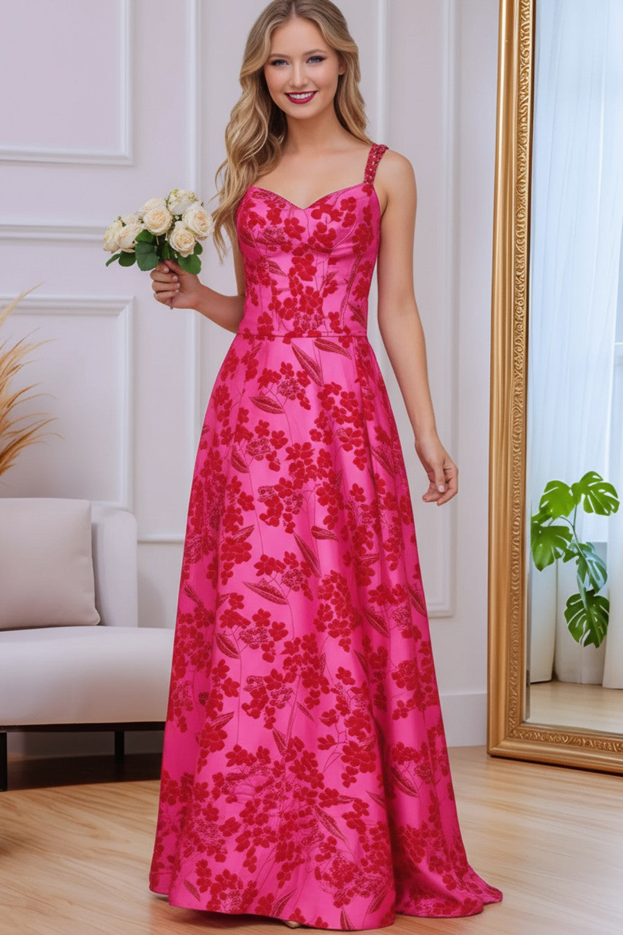 A line V Neck Floral Printed Long Prom Dress