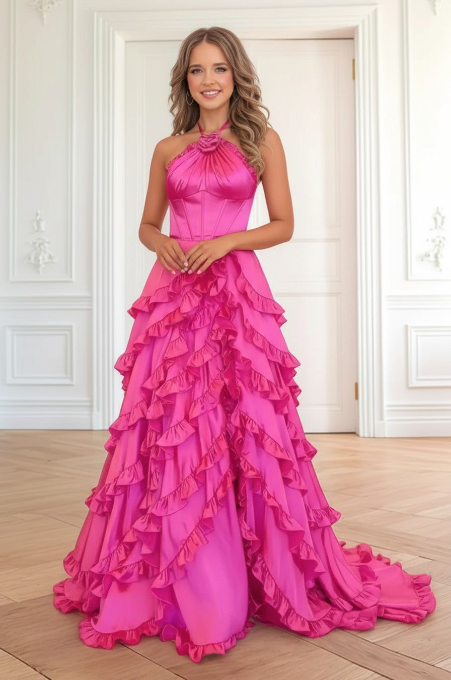A line Ruffles Satin Long Prom Dress