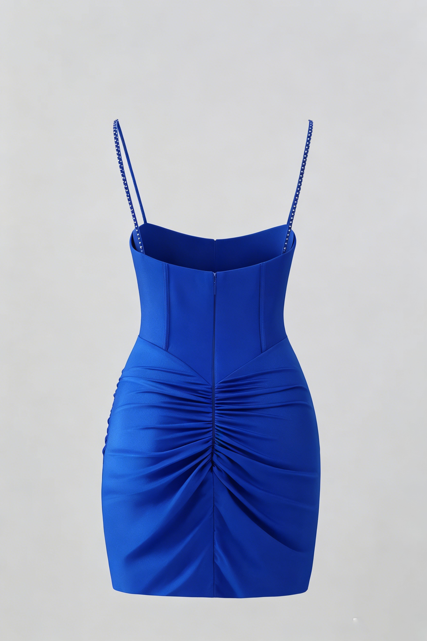 Spaghetti Strap Rhinestone Homecoming Dress | Ruched Bodycon Sweetheart Short Prom Gown