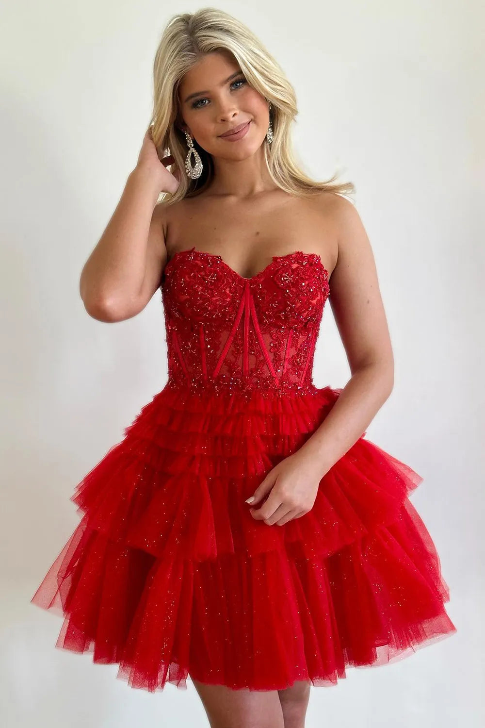 Strapless Lace Corset Homecoming Dress | Glitter Tulle Tiered Ruffle Short Prom Gown