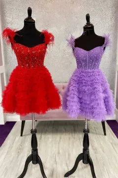 Off The Shoulder Feather Corset Tulle Homecoming Dress | Tiered Ruffle Mini A-Line Cocktail Dress
