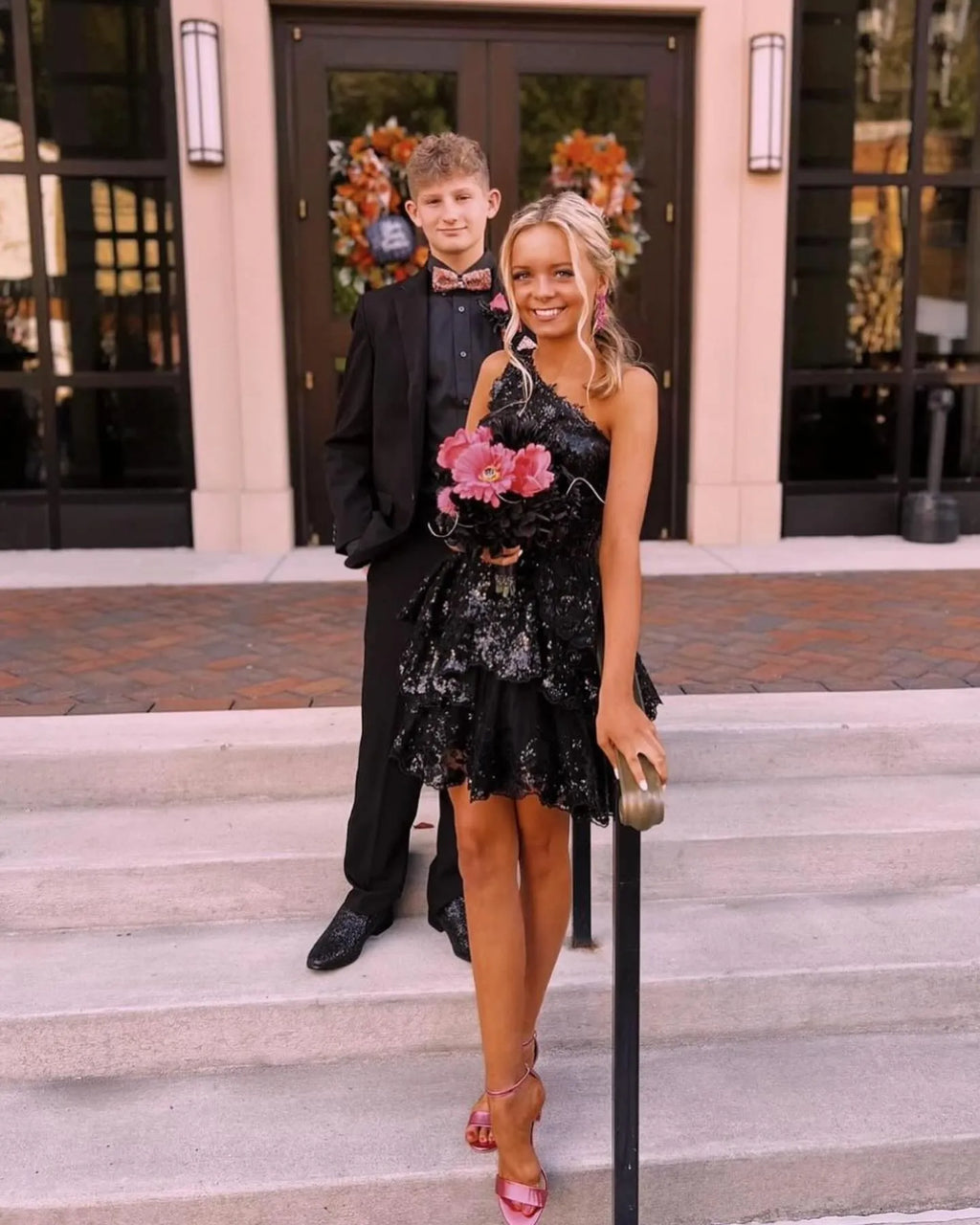 One Shoulder Sequin Lace Corset Homecoming Dress | Tiered Ruffle Mini A-Line Cocktail Dress