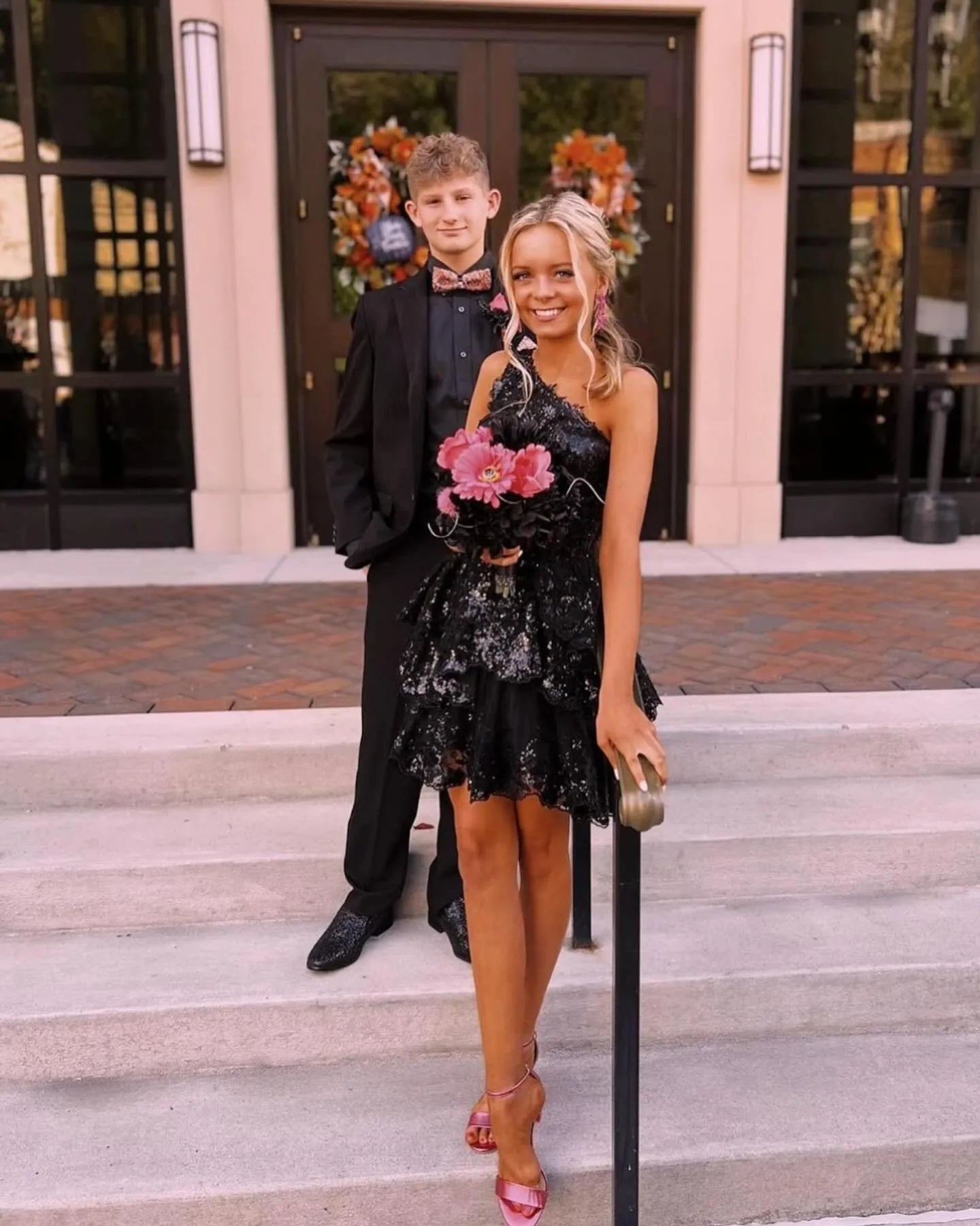 One Shoulder Sequin Lace Corset Homecoming Dress | Tiered Ruffle Mini A-Line Cocktail Dress