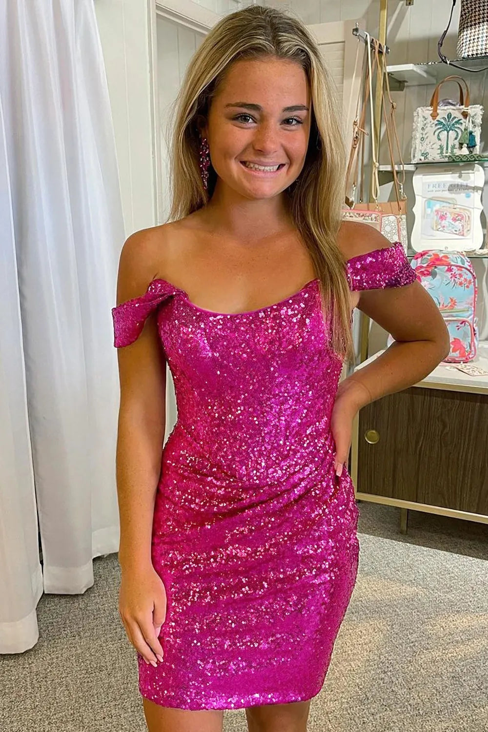 Off The Shoulder All Sequin Homecoming Dress | Ruched Bodycon Mini Cocktail Dress