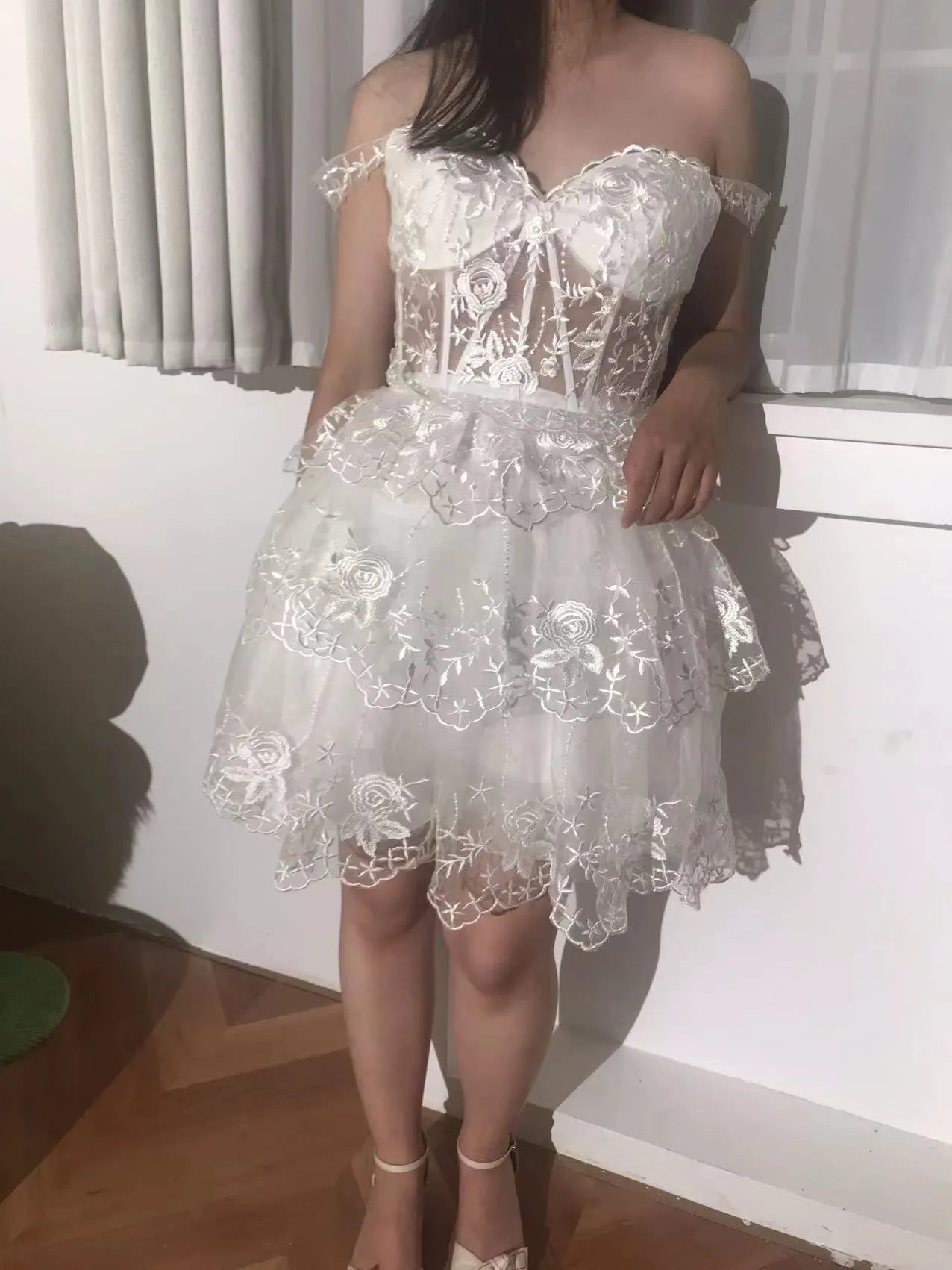 Off Shoulder Floral Lace Corset Homecoming Dress | Tiered Ruffle Mini Tulle Cocktail Dress