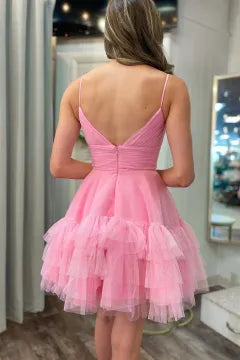 Spaghetti Strap Ruched V-Neck Glitter Tulle Homecoming Dress | Open Back Tiered Ruffle Skater Mini Cocktail Dress