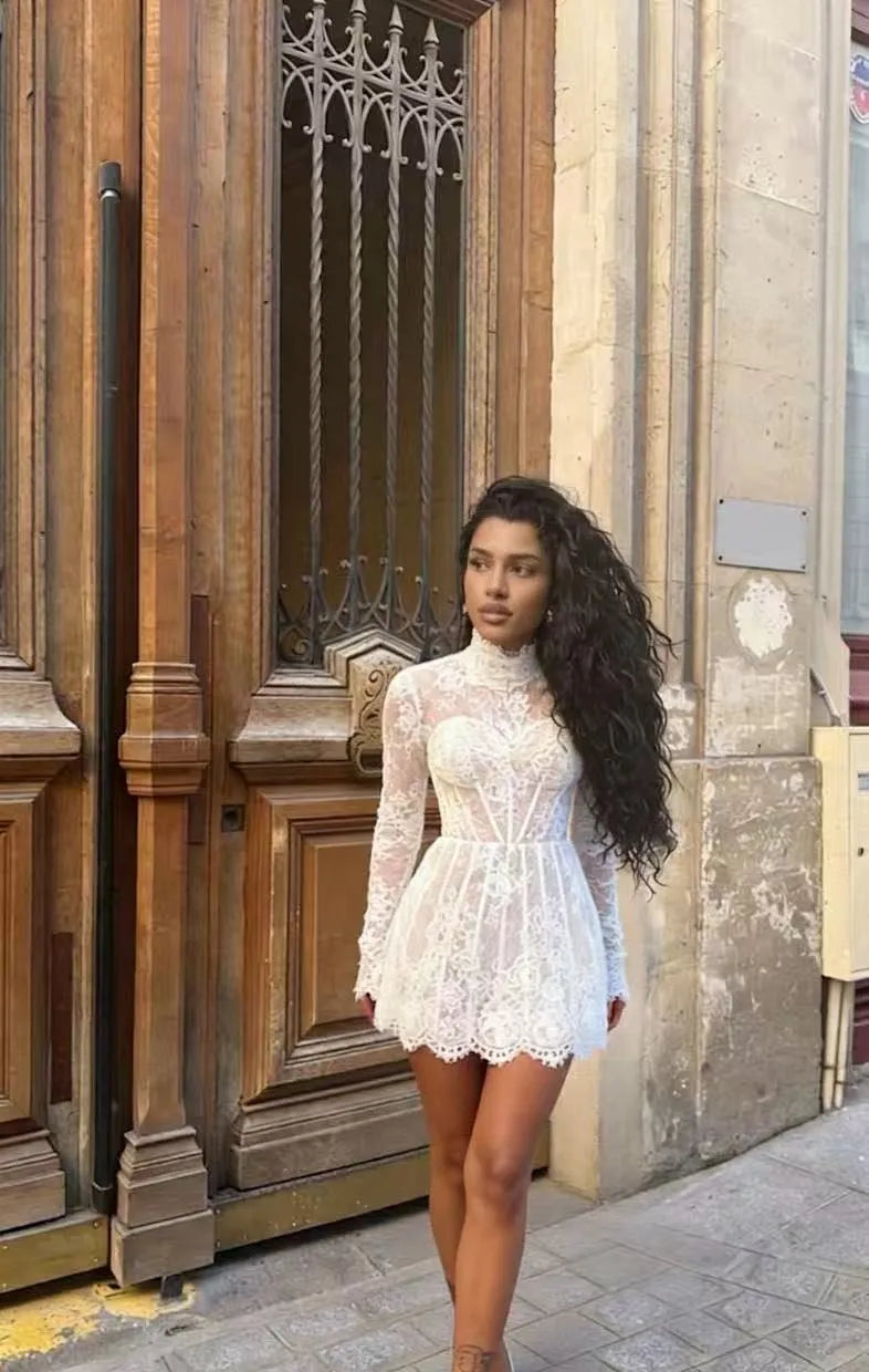 White Lace Long Sleeve Homecoming Dress | High Neck Corset A-Line Short Prom Gown