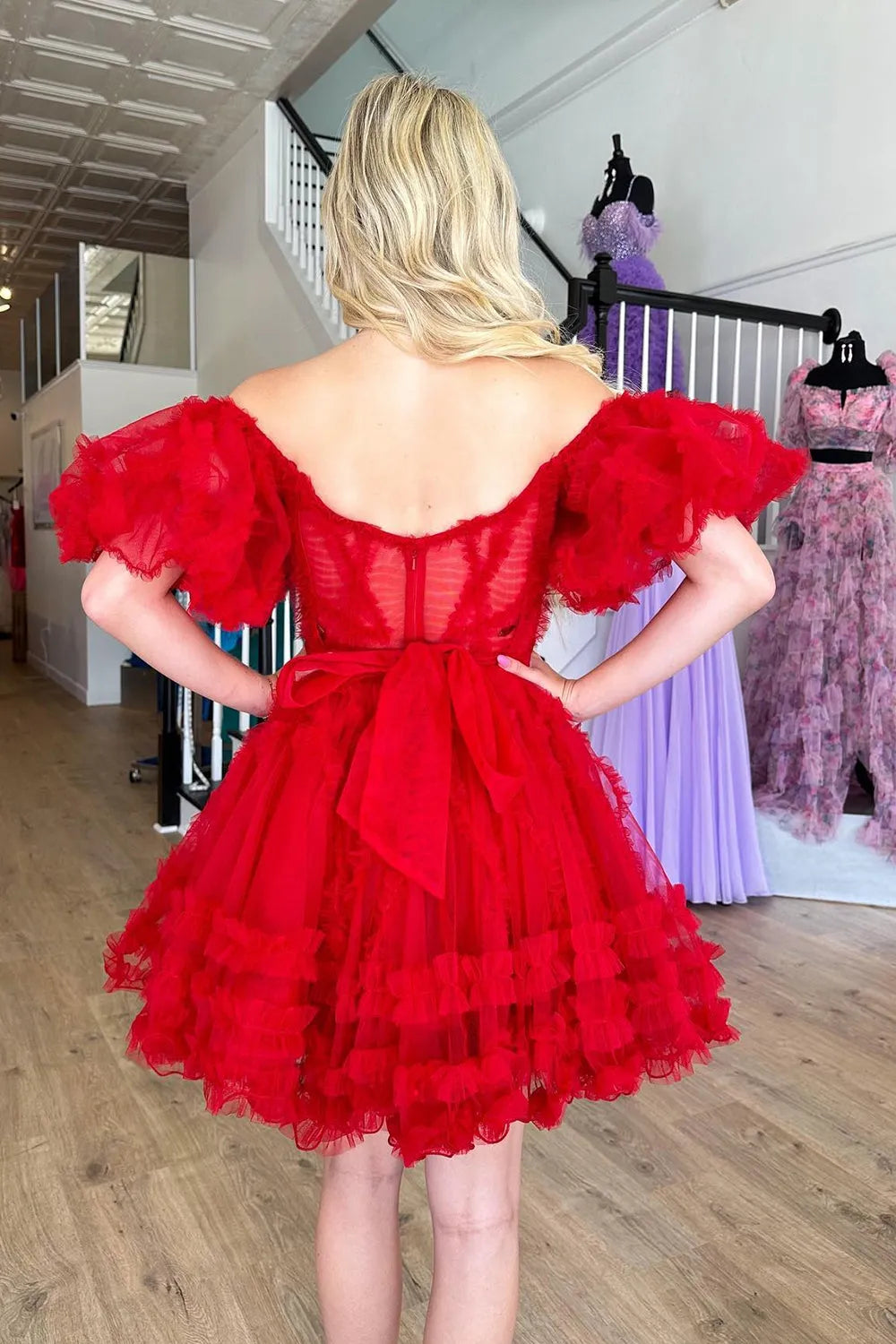 Off-the-Shoulder Tulle Corset Homecoming Dress | Ruffle Puff Sleeve Short Prom Gown