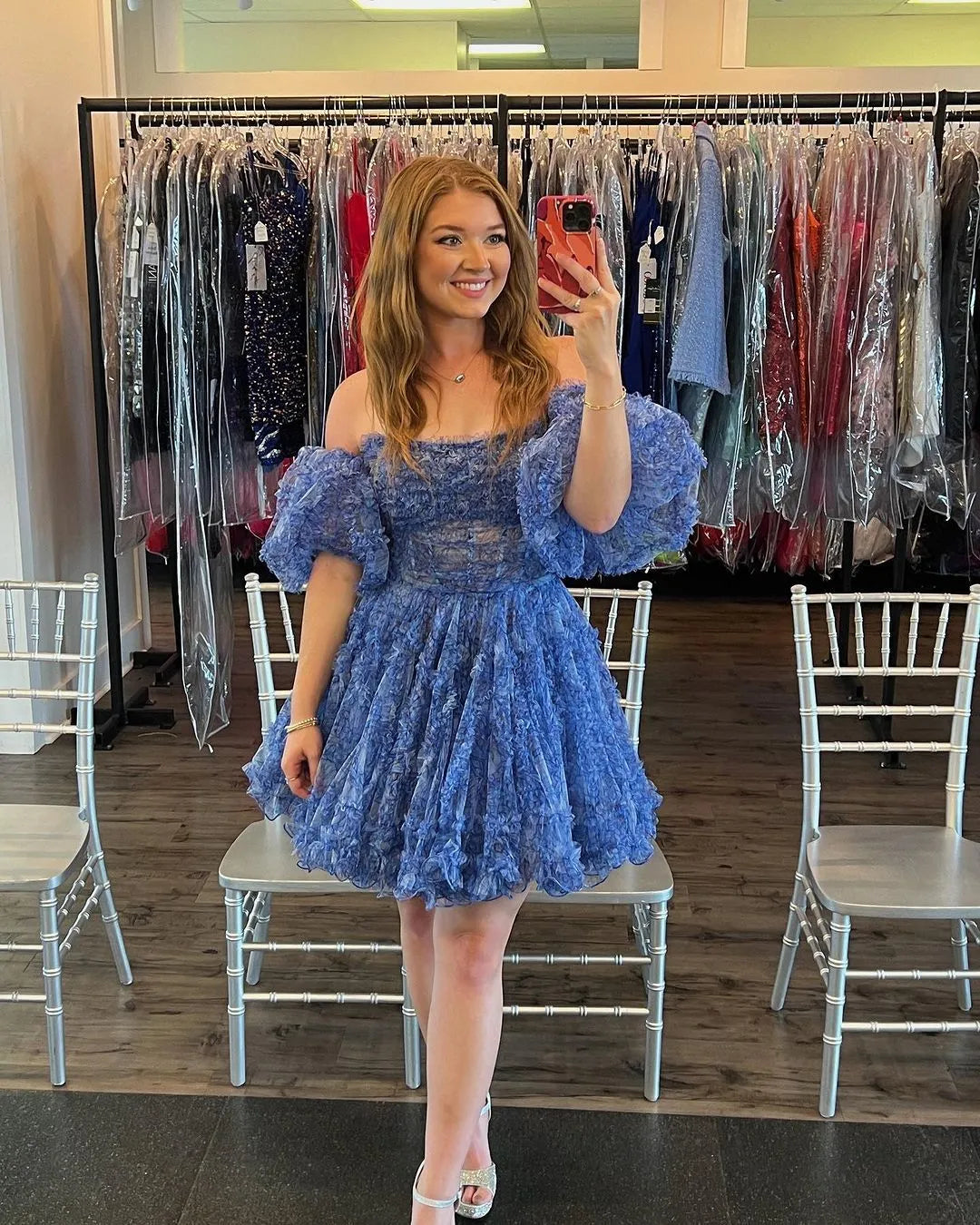 Off-the-Shoulder Textured Tulle Homecoming Dress | Puff Sleeve A-Line Short Prom Gown