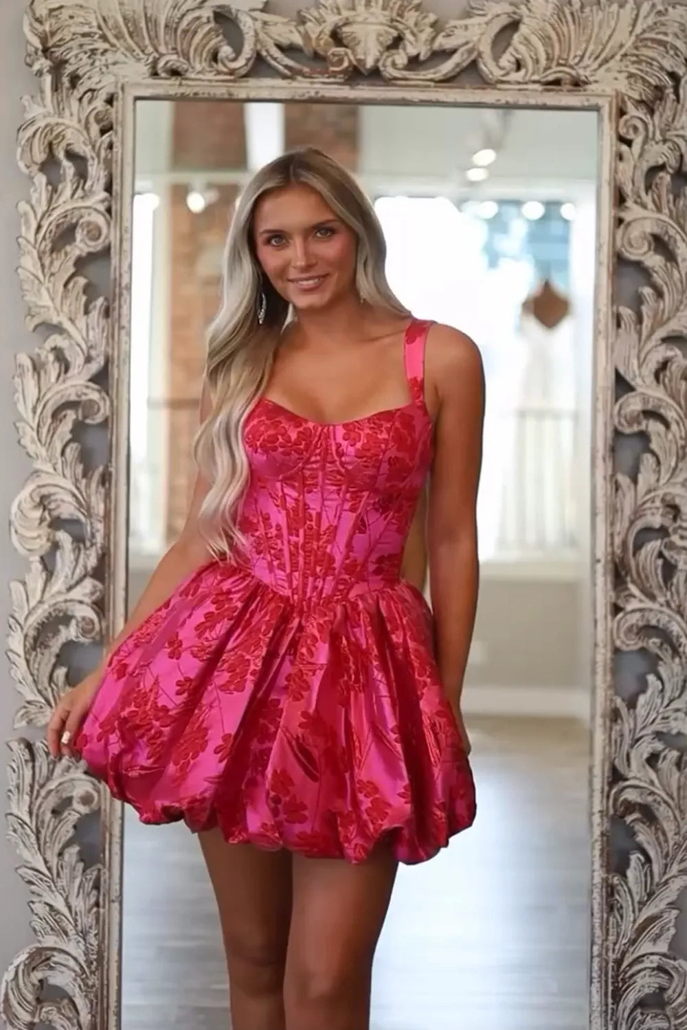 Floral Jacquard Corset Homecoming Dress | Bubble Hem Mini Party Gown
