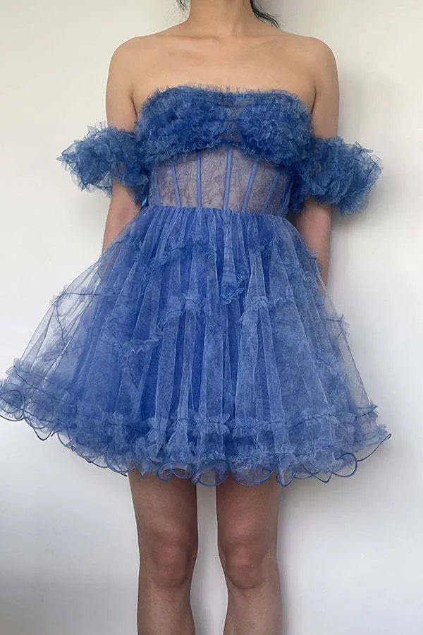 Off-the-Shoulder Textured Tulle Homecoming Dress | Puff Sleeve A-Line Short Prom Gown
