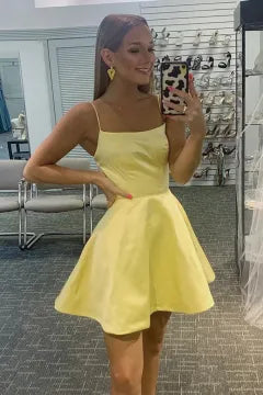 Spaghetti Strap Satin Homecoming Dress | A-Line Mini Dress with Lace-Up Back