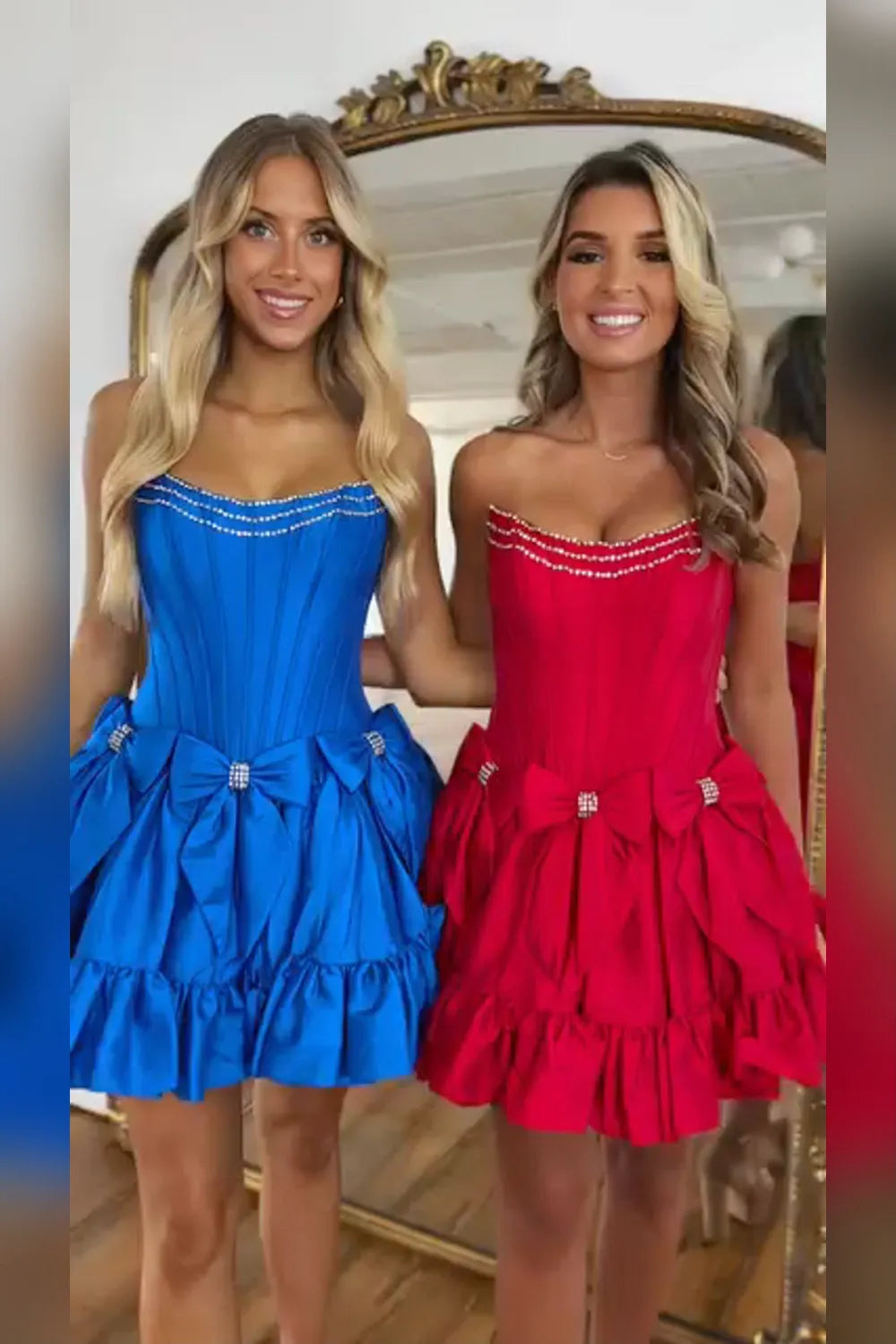 Strapless Corset Bow Homecoming Dress | Rhinestone Trim Ruffle Hem Short Prom Gown