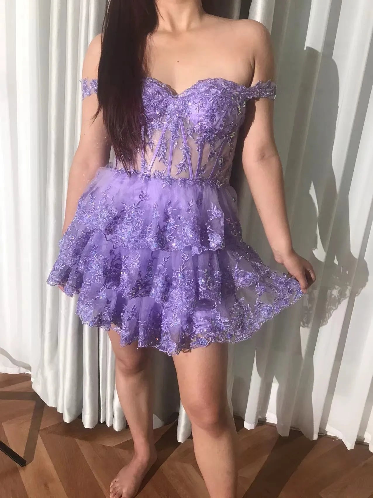 Off Shoulder Floral Lace Corset Homecoming Dress | Tiered Ruffle Mini Tulle Cocktail Dress