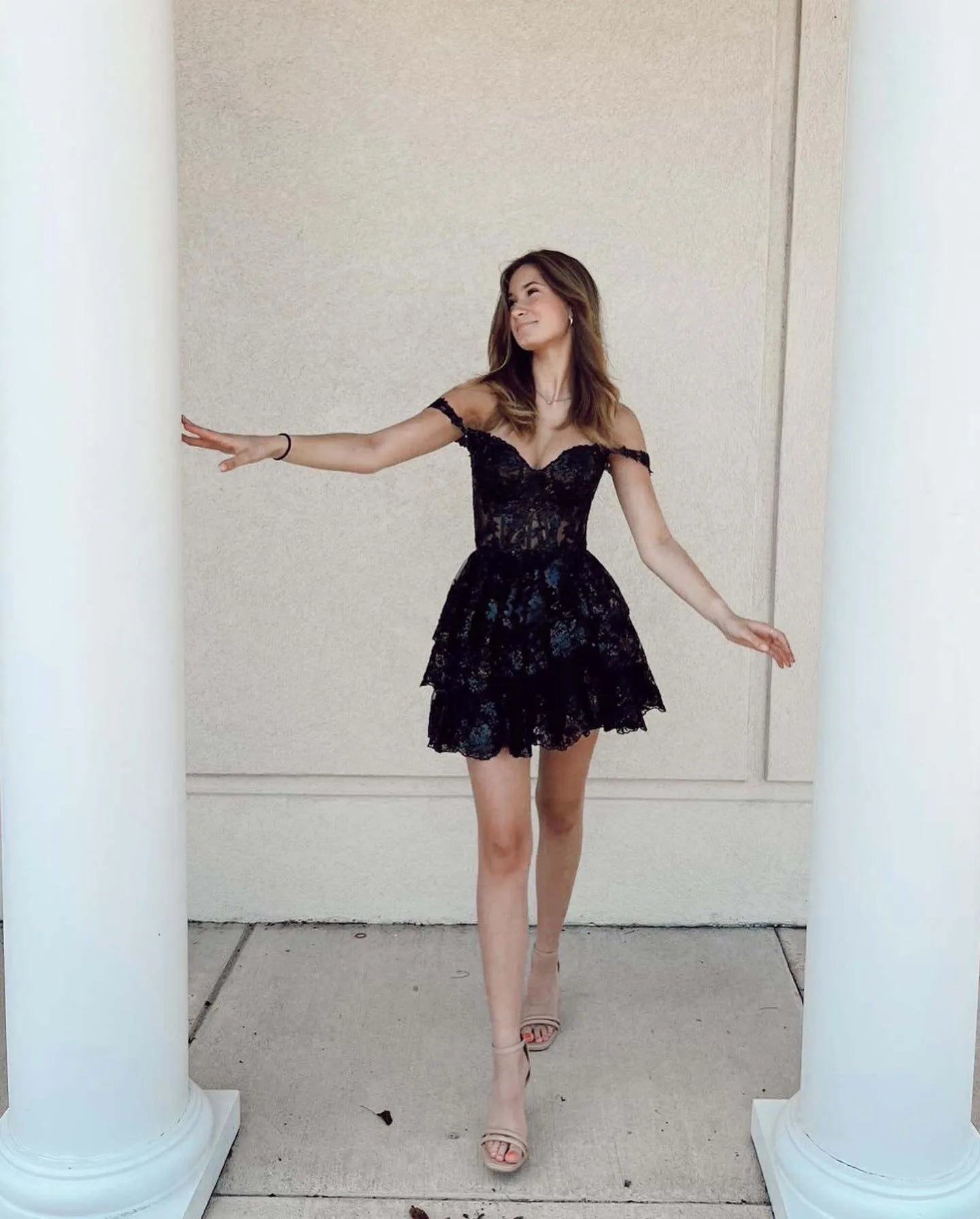Off Shoulder Floral Lace Corset Homecoming Dress | Tiered Ruffle Mini Tulle Cocktail Dress
