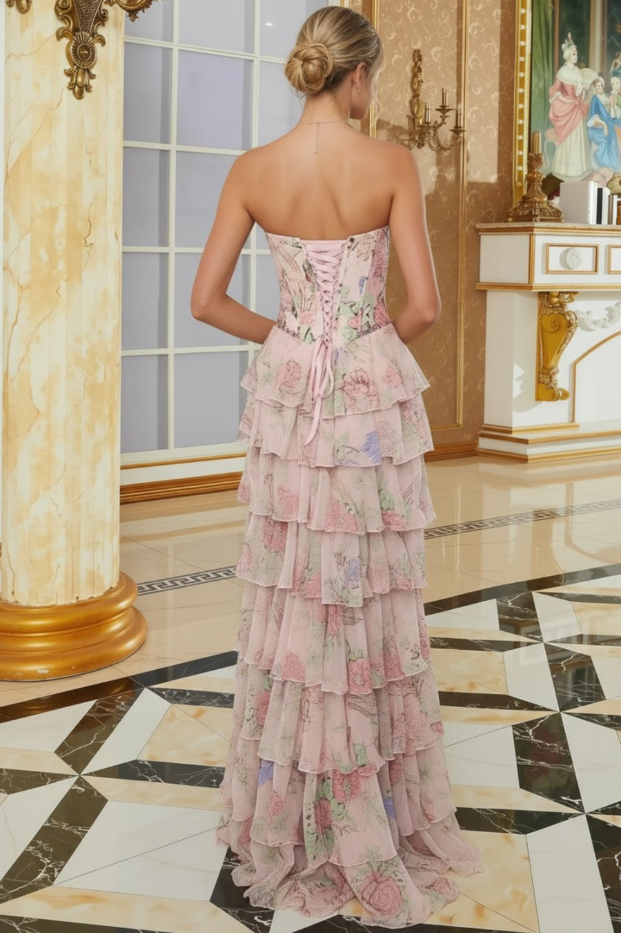 Mermaid Ruffles Floral Printed Long Prom Dress