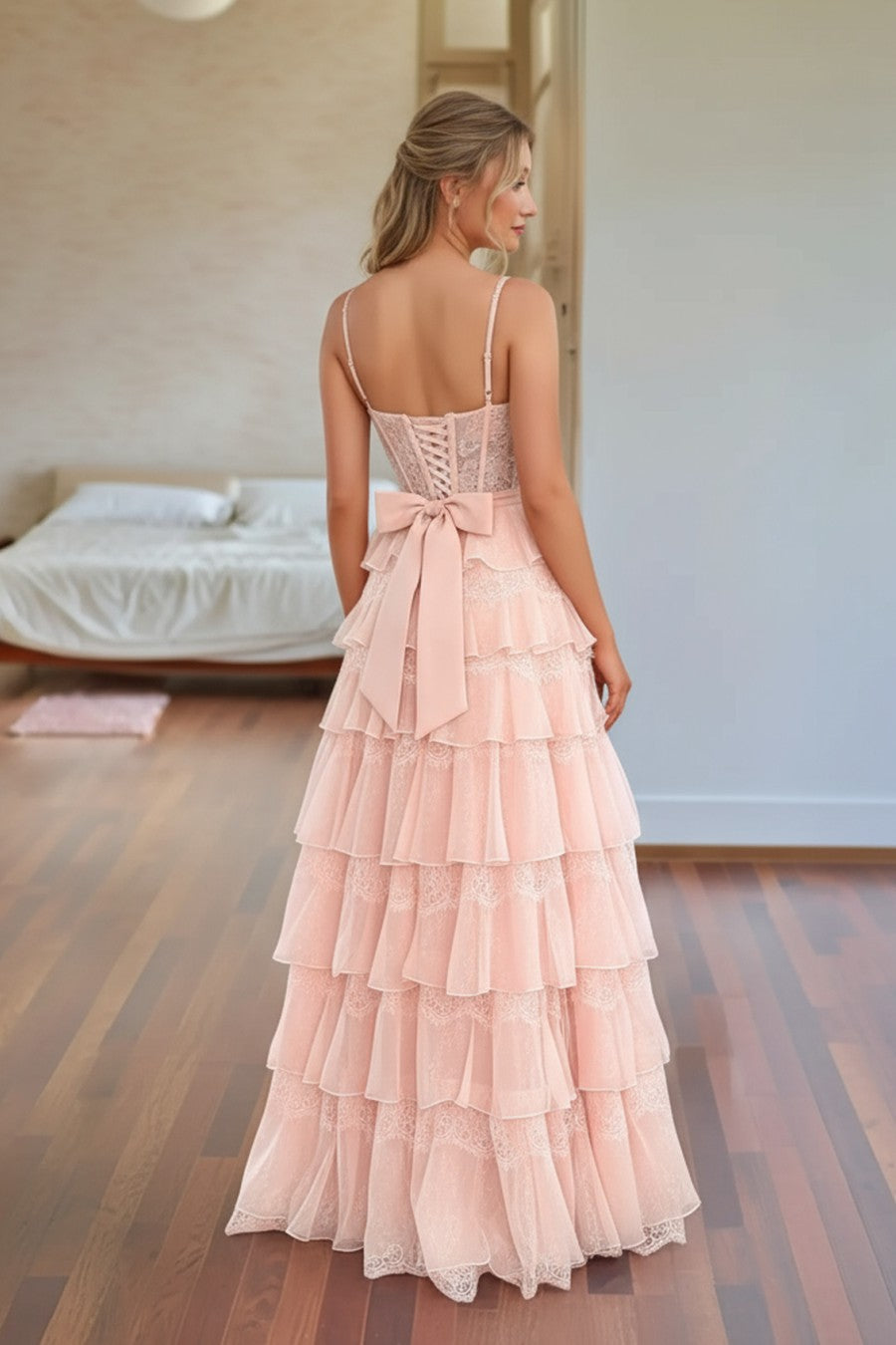 A line Tiered Lace Prom Dress With Slit