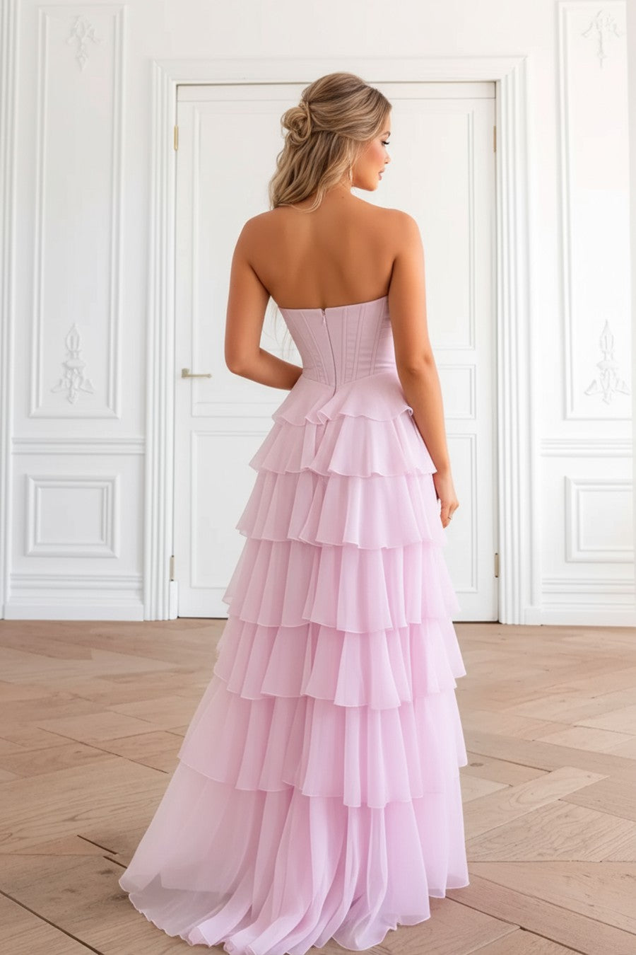 A line Tiered Slit Long Prom Dress