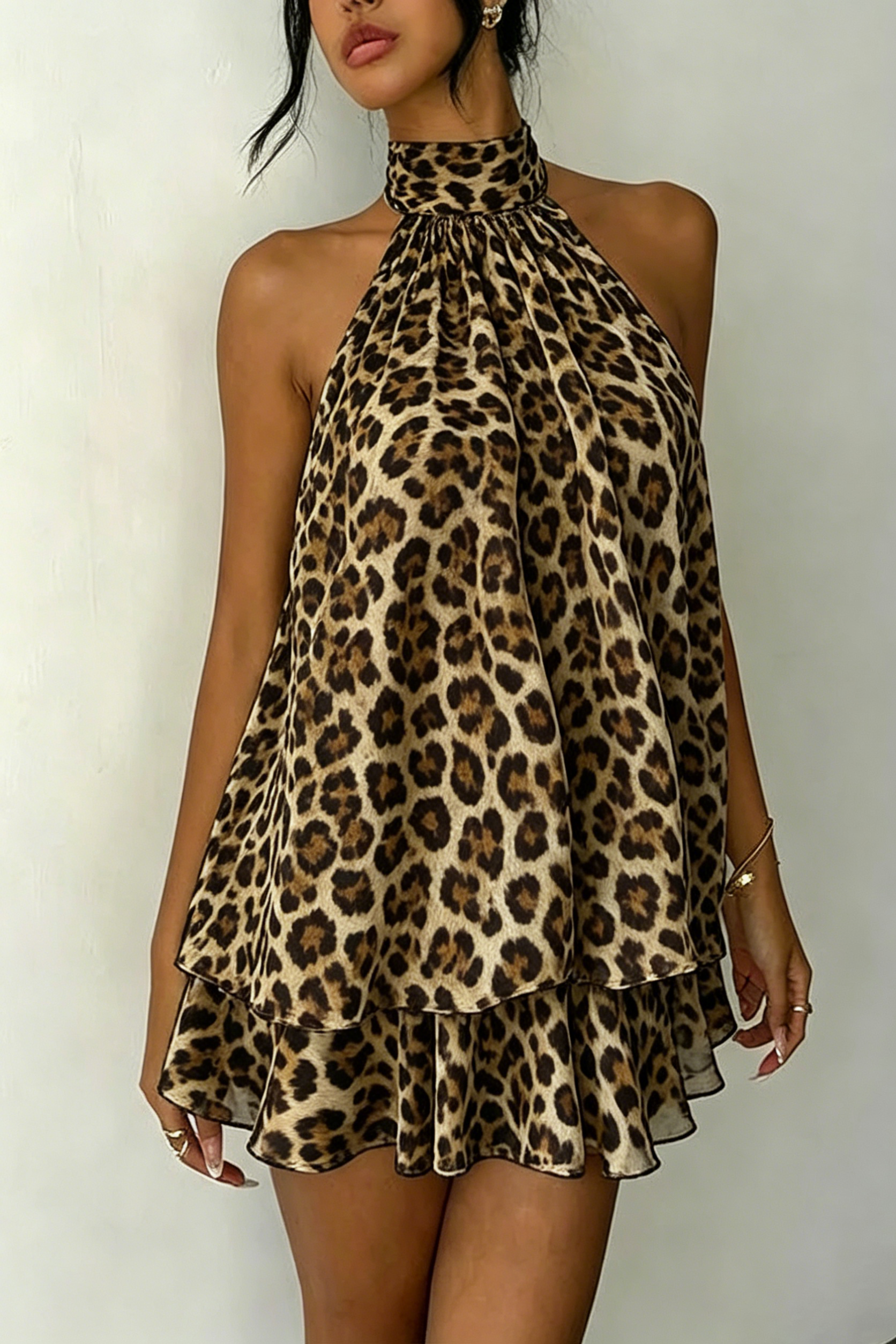 Leopard Print Halter Neck Homecoming Dress | Tiered Ruffle Sleeveless Open Back Mini Party Gown