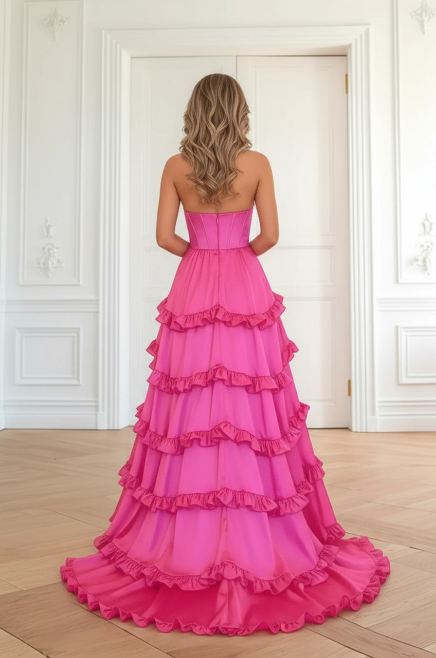 A line Ruffles Satin Long Prom Dress