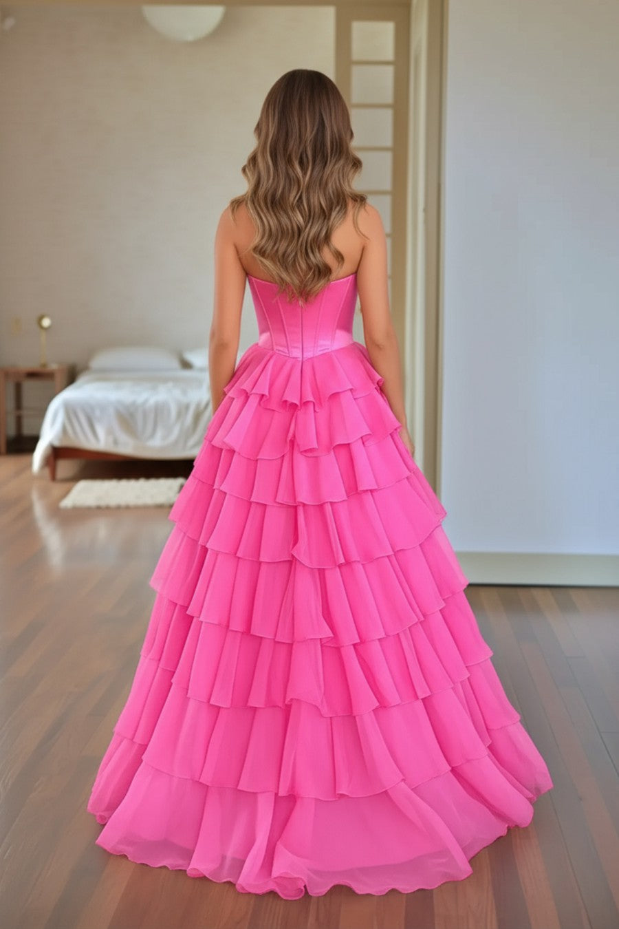 A line Tiered Bodice Long Prom Dress With Slit