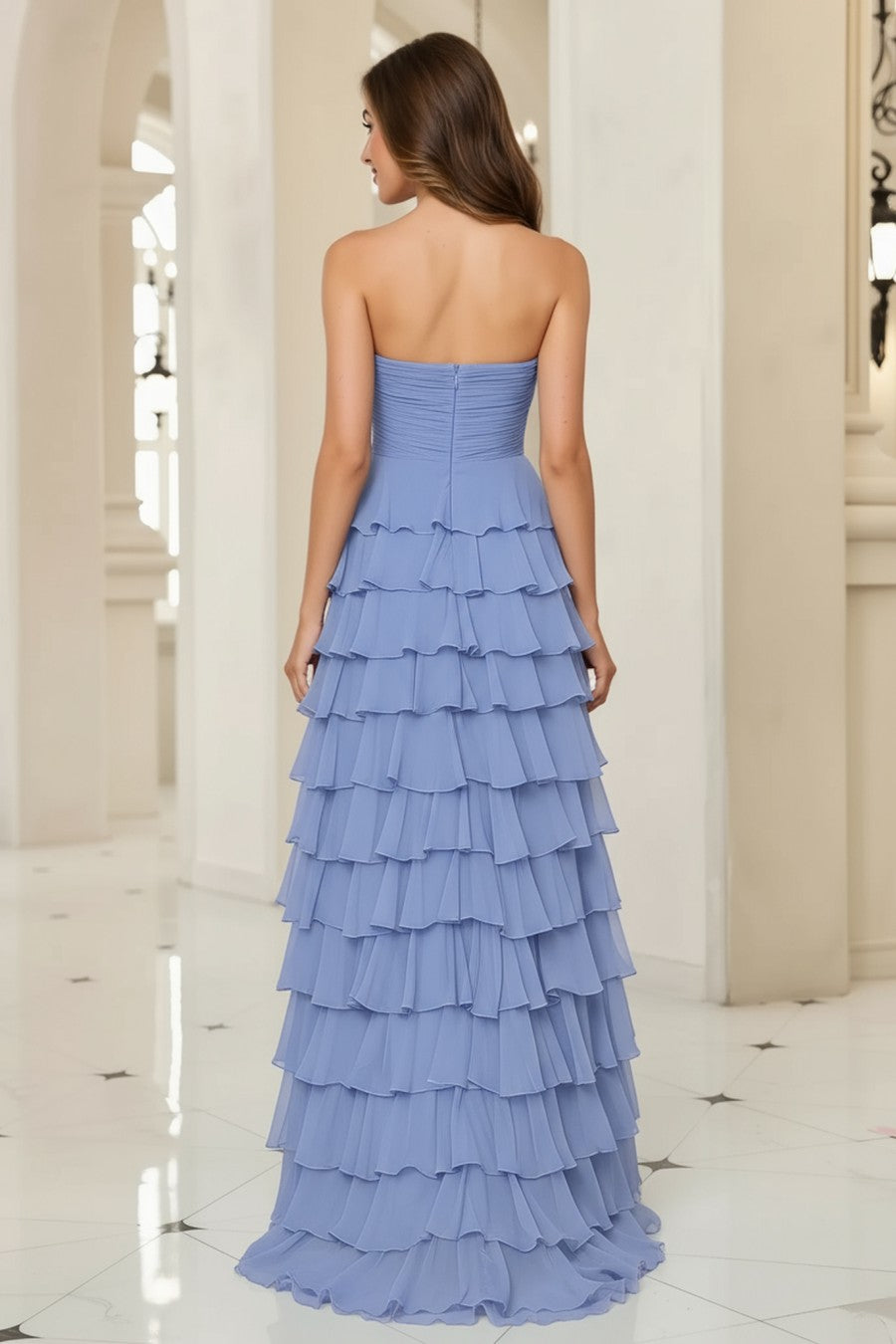 A line Tiered Long Prom Dress With Bow
