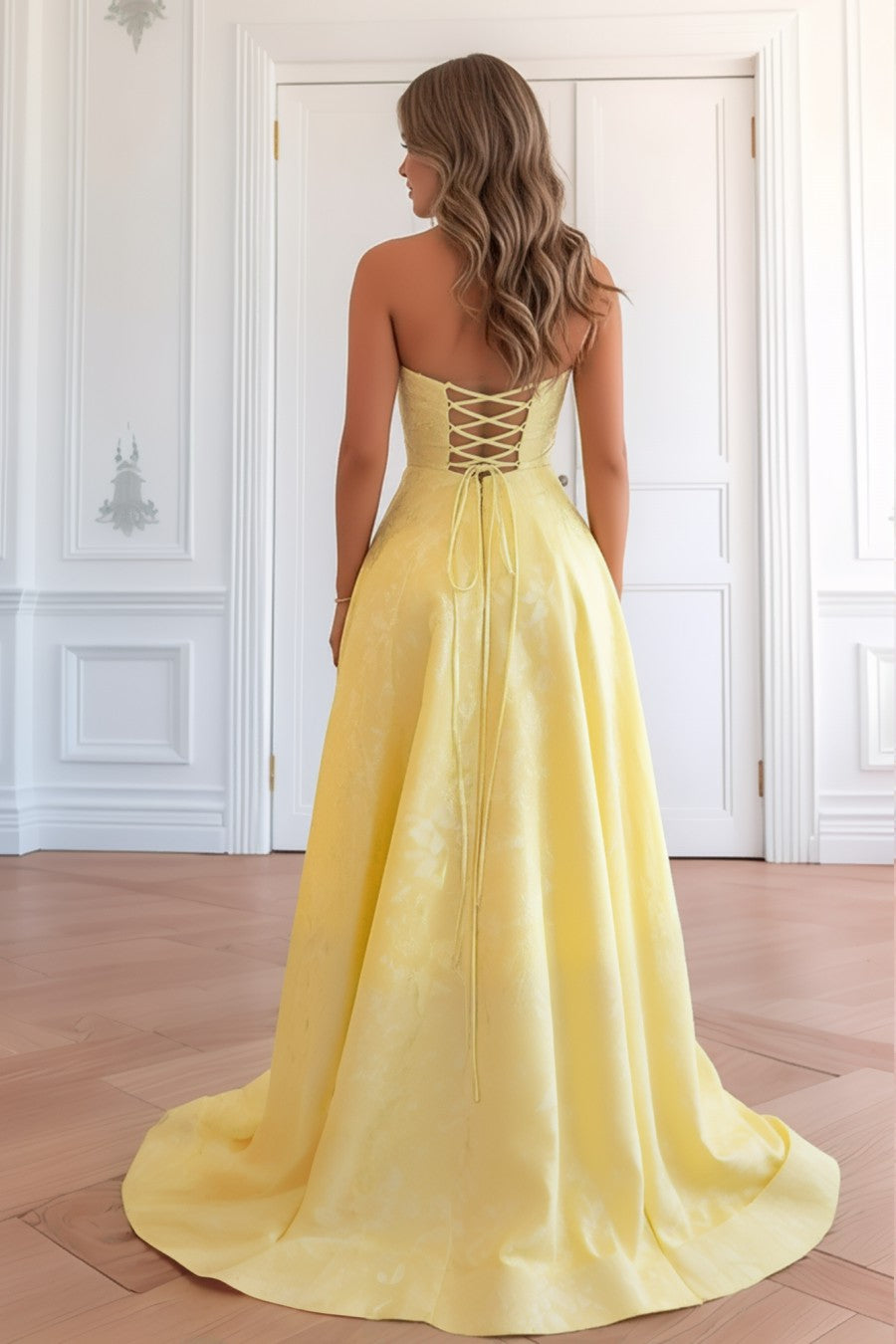 A line Sweep Train Keyholes Prom Dress With Slit